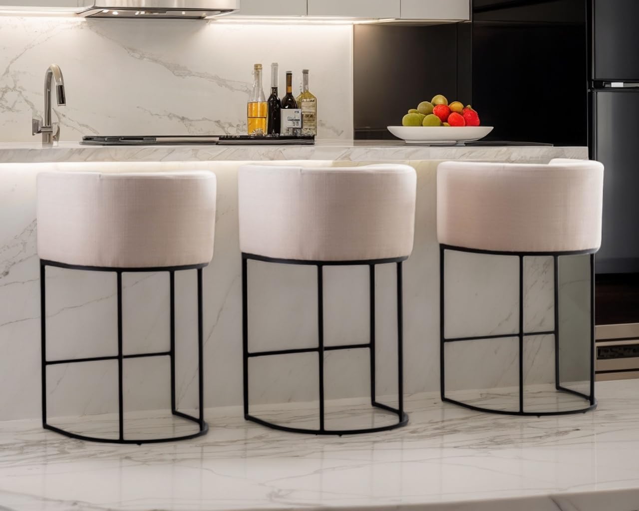 Contemporary Cream Linen Bar Stools Set of 3, 29