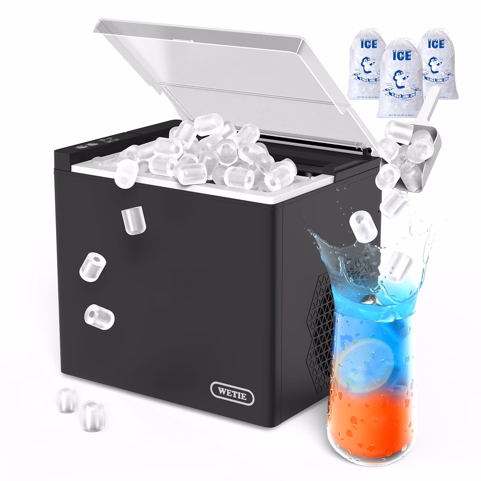 WETIE Countertop Ice Maker, 9 Bullet Ice Cubes in 6 Mins, 2 Ice Sizes, 26 lb/24H with Removable & Washable Ice Tray & Scoop, with Self - Cleaning Function for Home/Kitchen/Camping/Party