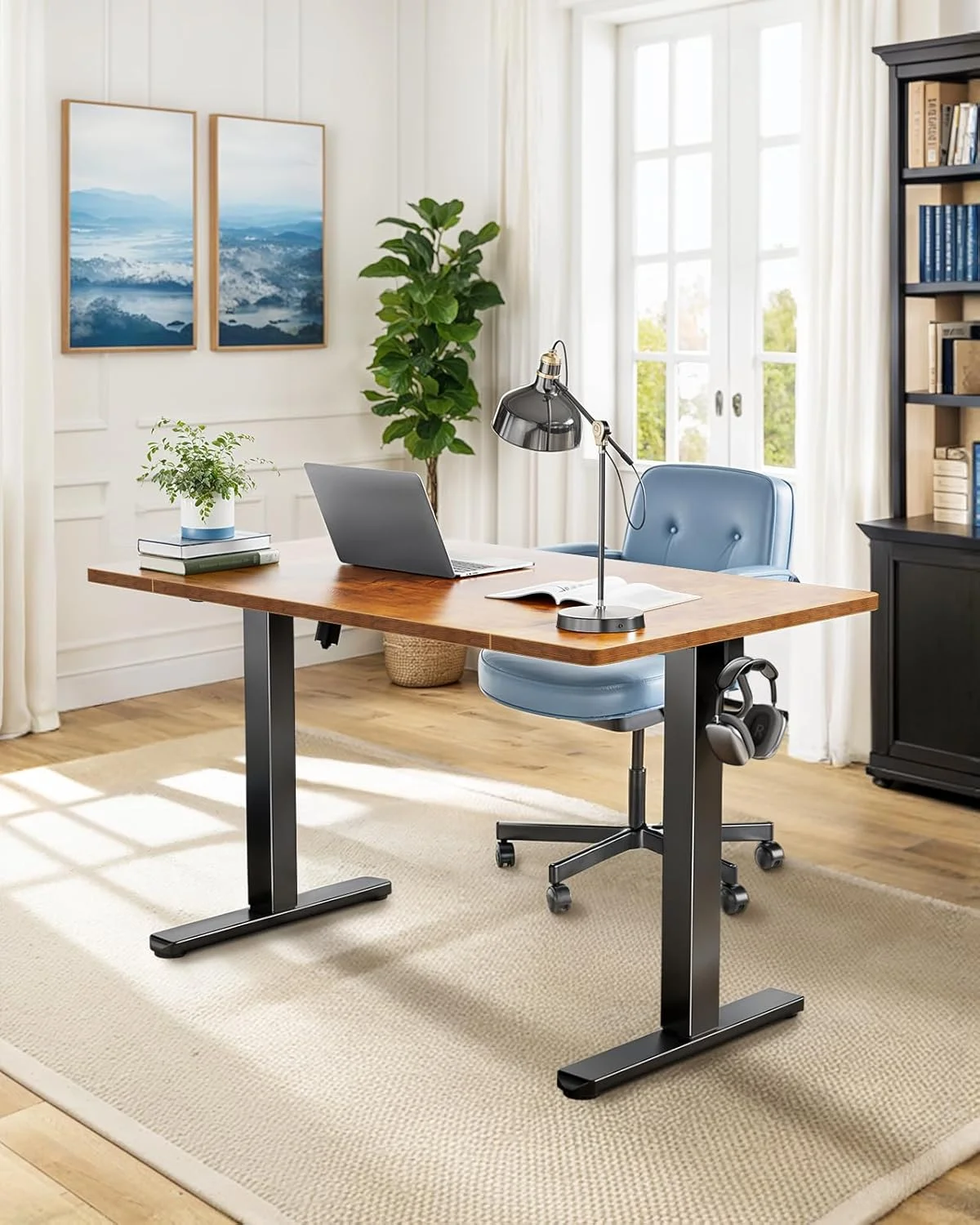 48 x 24 inch Electric Standing Desk, Height Adjustable Table with Headphone Hooks Cable Manager, Sit to Stand up Desk for Home Office, Vintage Brown(48" x 24"/Black) - Image 9
