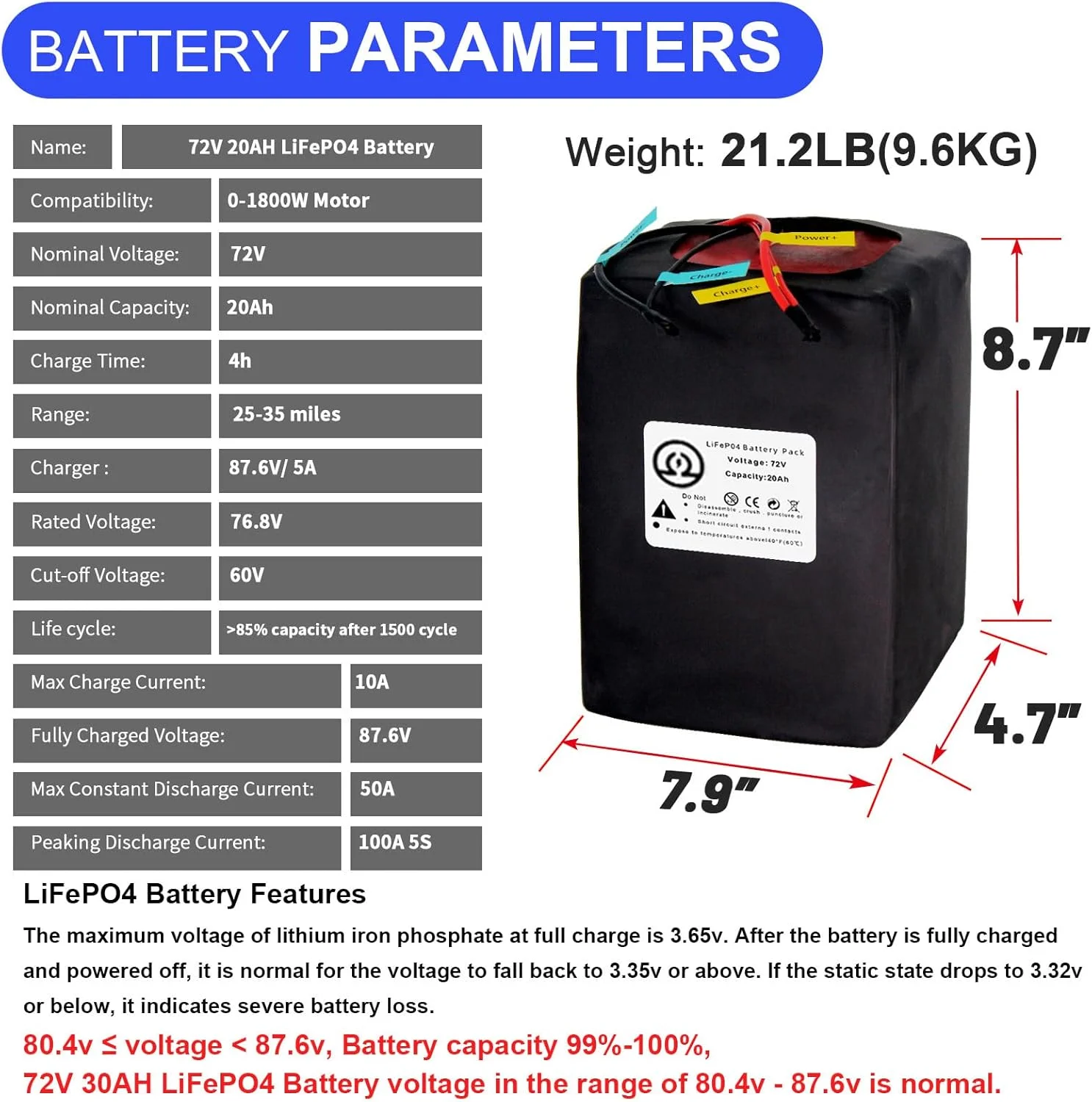 72V 20AH Ebike Battery Lithium LiFePO4 Cells with 5A Charger for Electric Scooter Bicycles Motorcycle 1000W 2000W Motor