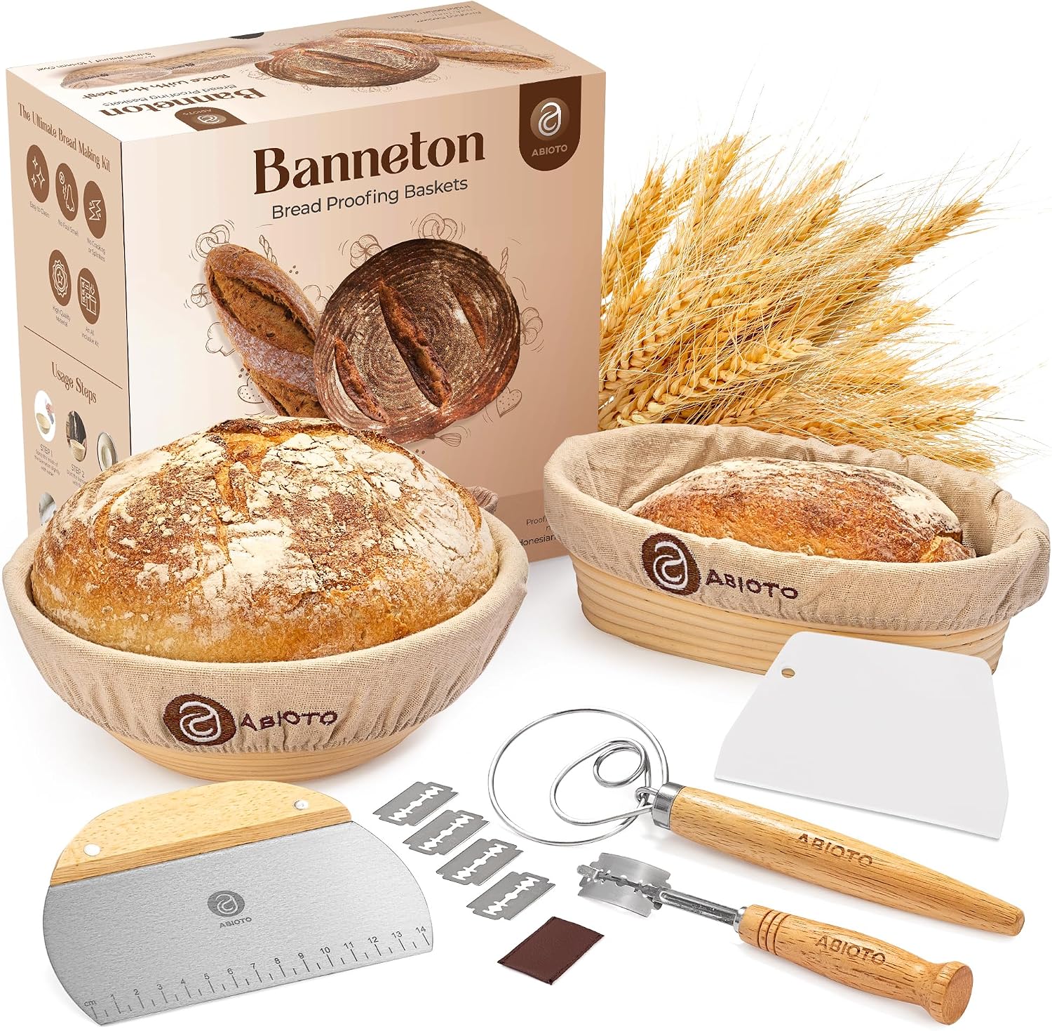 ABIOTO Banneton Baskets with Sourdough Bread Baking Supplies - 17-Piece Kit