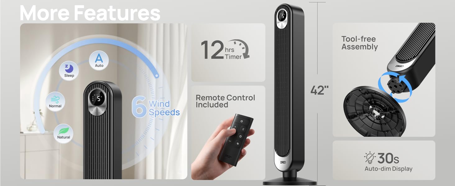 Dreo Smart Tower Fan WiFi Voice Control Floor Standing Bladeless Oscillating Fan with Remote-4-2