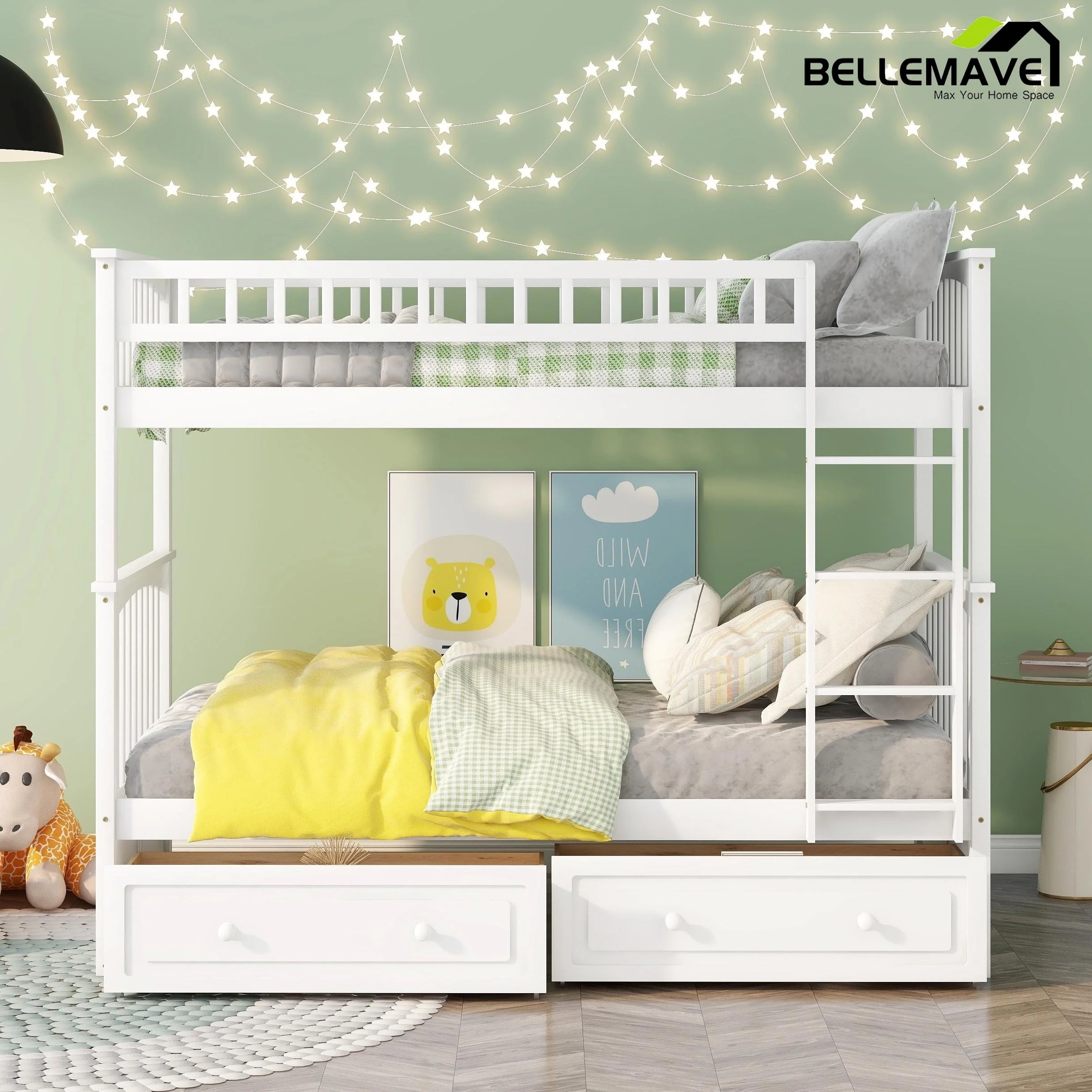 Bellemave Twin Over Twin Bunk Bed with Storage 2 Twin Bunk Bed with Drawers Safe Kids Bed Frame with Ladder and Guardrail Detachable Wood Twin Bunk Bed, White