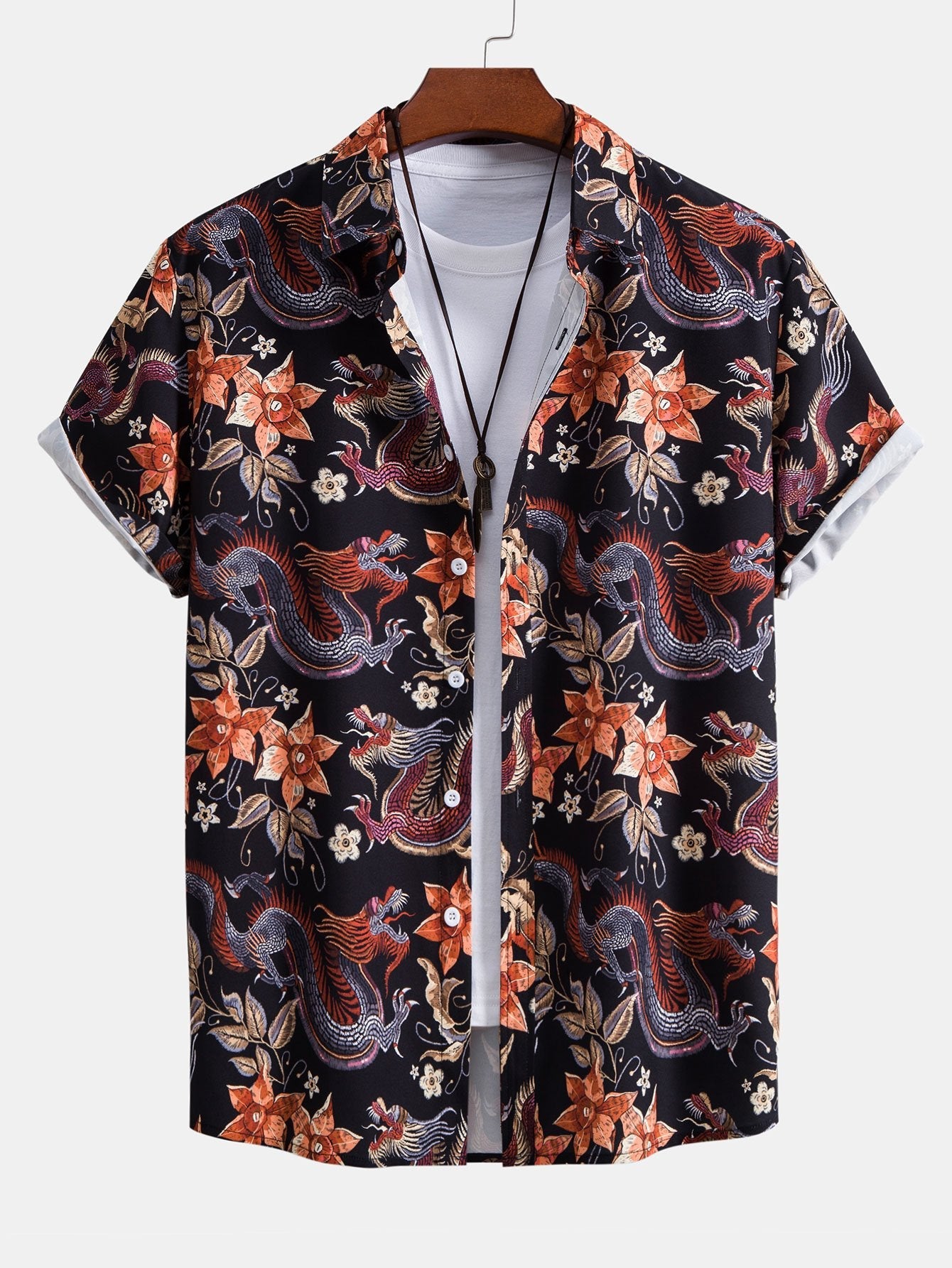 Chemise boutonnée à imprimé floral dragon et short de bain à imprimé dragon