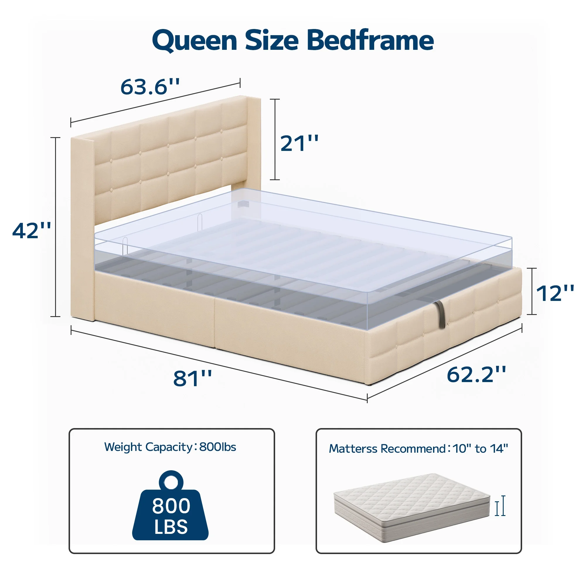 Asofer Queen Storage Bed Frame with Hydraulic Lift, Upholstered Headboard & Wood Slats, Beige