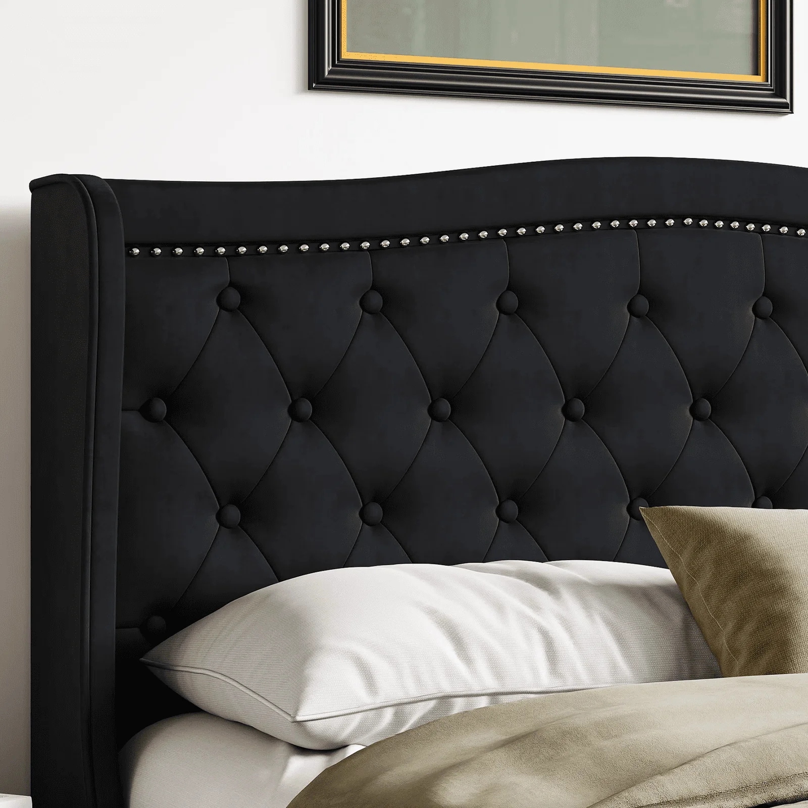 Homfa Queen Bed Frame, Wing-Back Button Tufted Upholstered Headboard, Modern Platform Bed Frame with Wood Slat Support for Bedroom, Black(Full/Beige)
