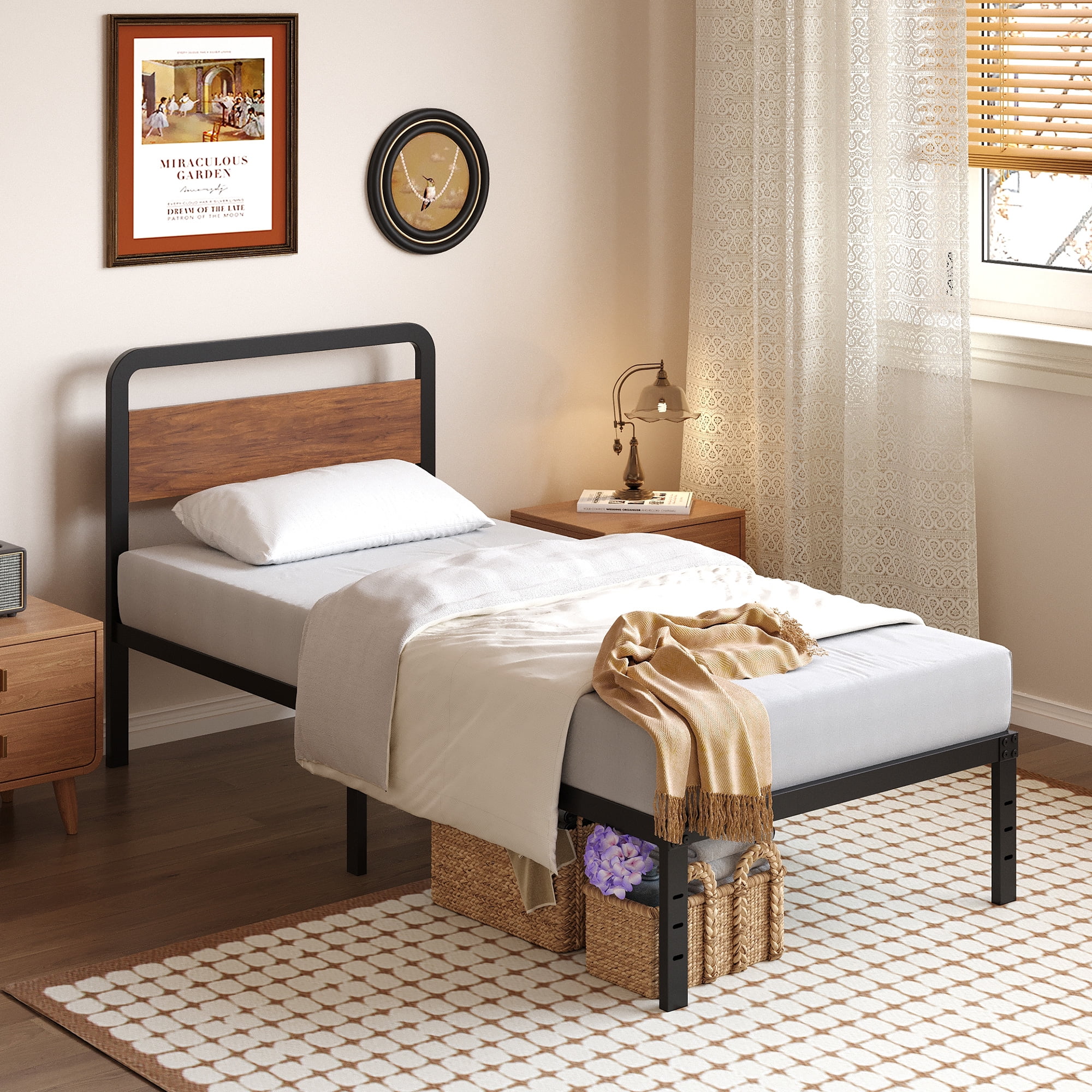 Maenizi Twin XL Bed Frames with Upholstered Headboard, 18 in Twin XL Metal Bed Frame No Box Spring Needed, Heavy Duty Metal Slats, Noise Free, Easy Assemble, Grey