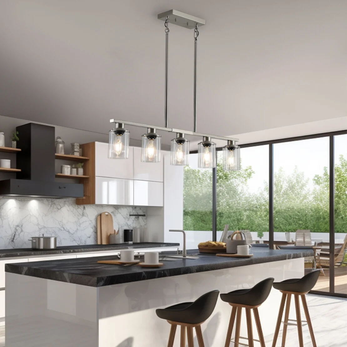 5-Light Kitchen Island Pendant Light, Farmhouse Industrial Chandeliers with Two Metal Rod Supports, Rectangular Island Lights for Kitchen, Living Room, Walnut/Black