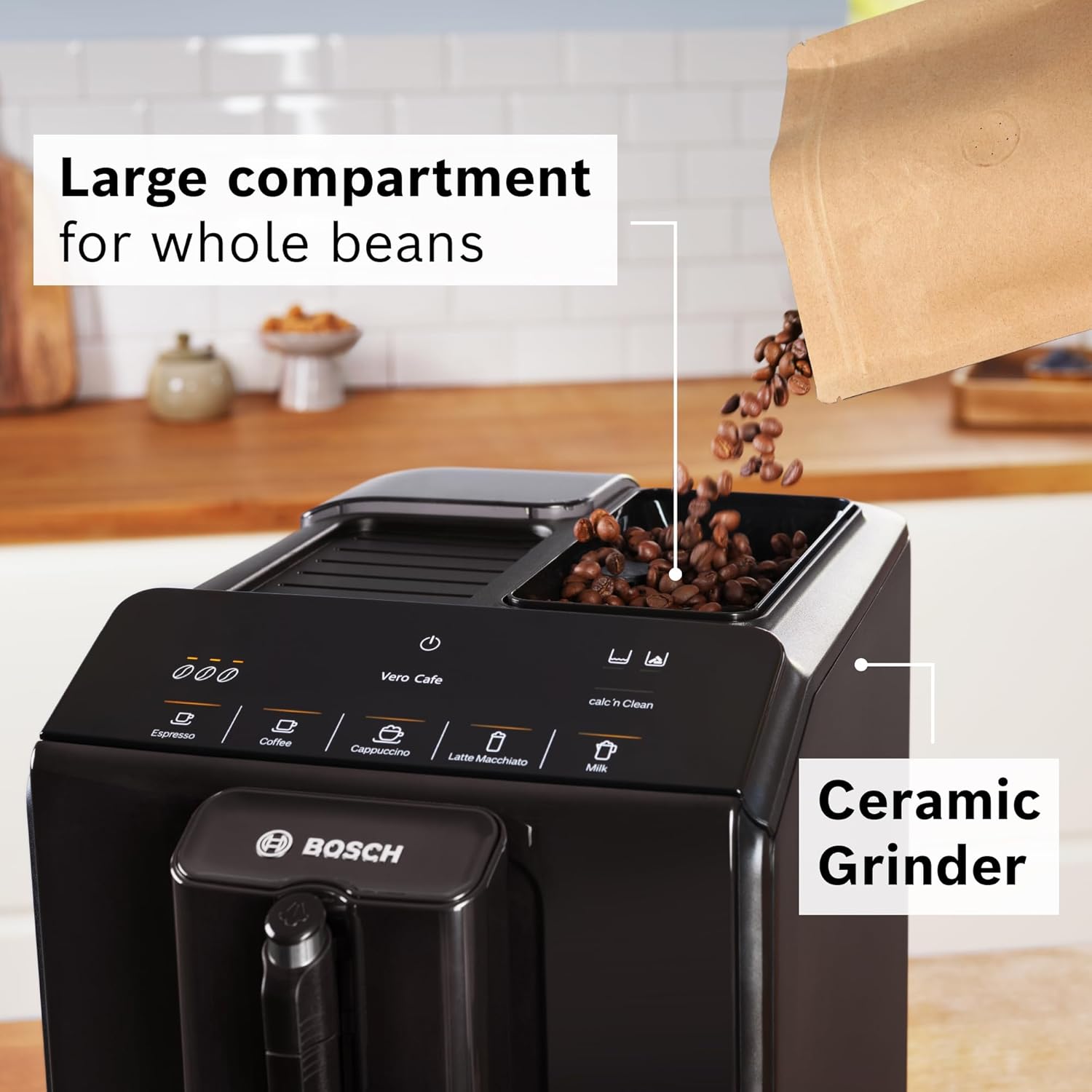 Bosch 300 Series Fully Automatic Espresso and Coffee Machine – One Touch Milk Drinks, Built-In Ceramic Grinder, In-Cup Frother, Easy Clean and Descale, Black TIU20109