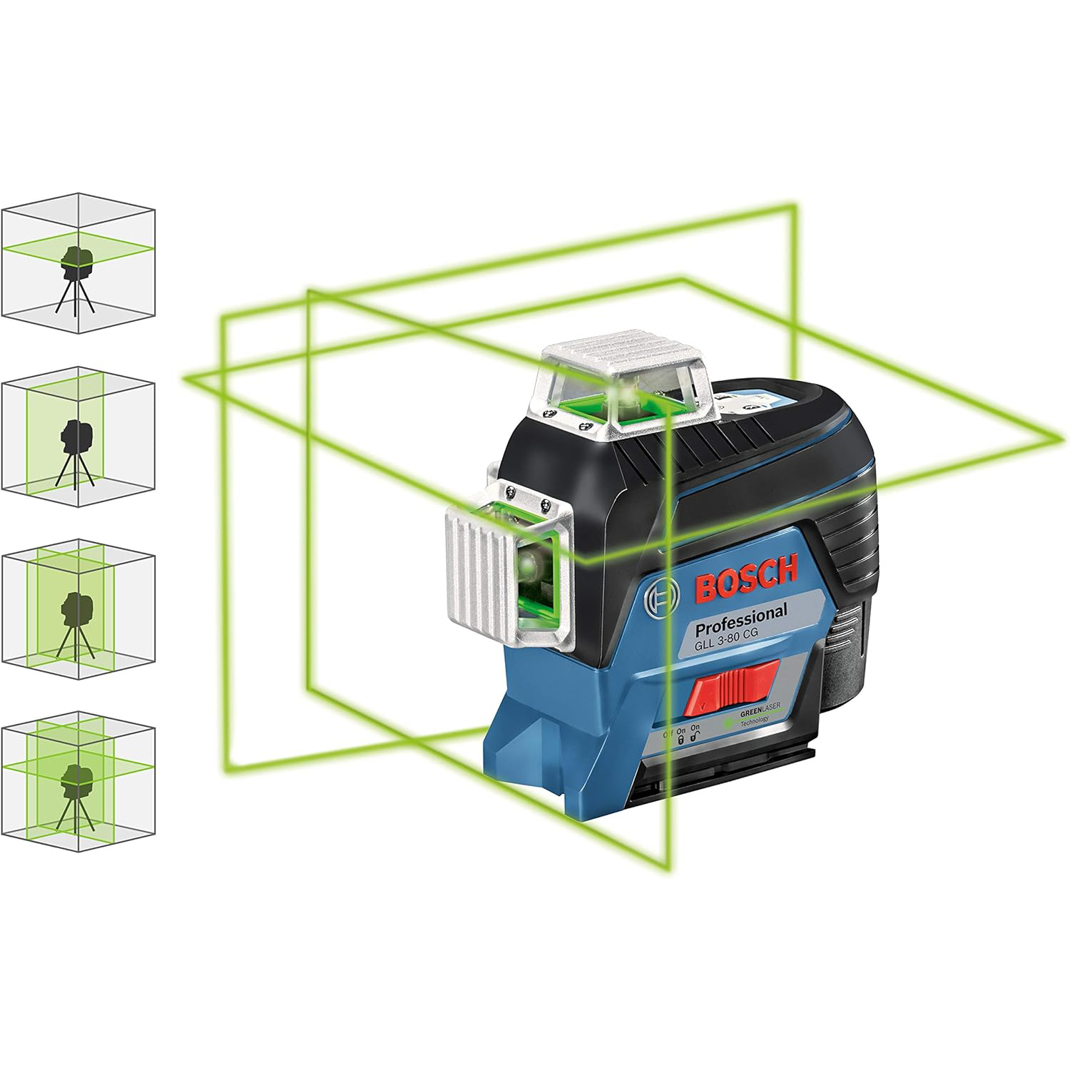 Bosch Professional 12V System Niveau Laser Lignes GLL 3-80 CG (1 batterie 12V, laser vert, pour l'intérieur, avec fonction d'application, portée : jusqu'à 30 m, support universel BM 1, L-BOXX)