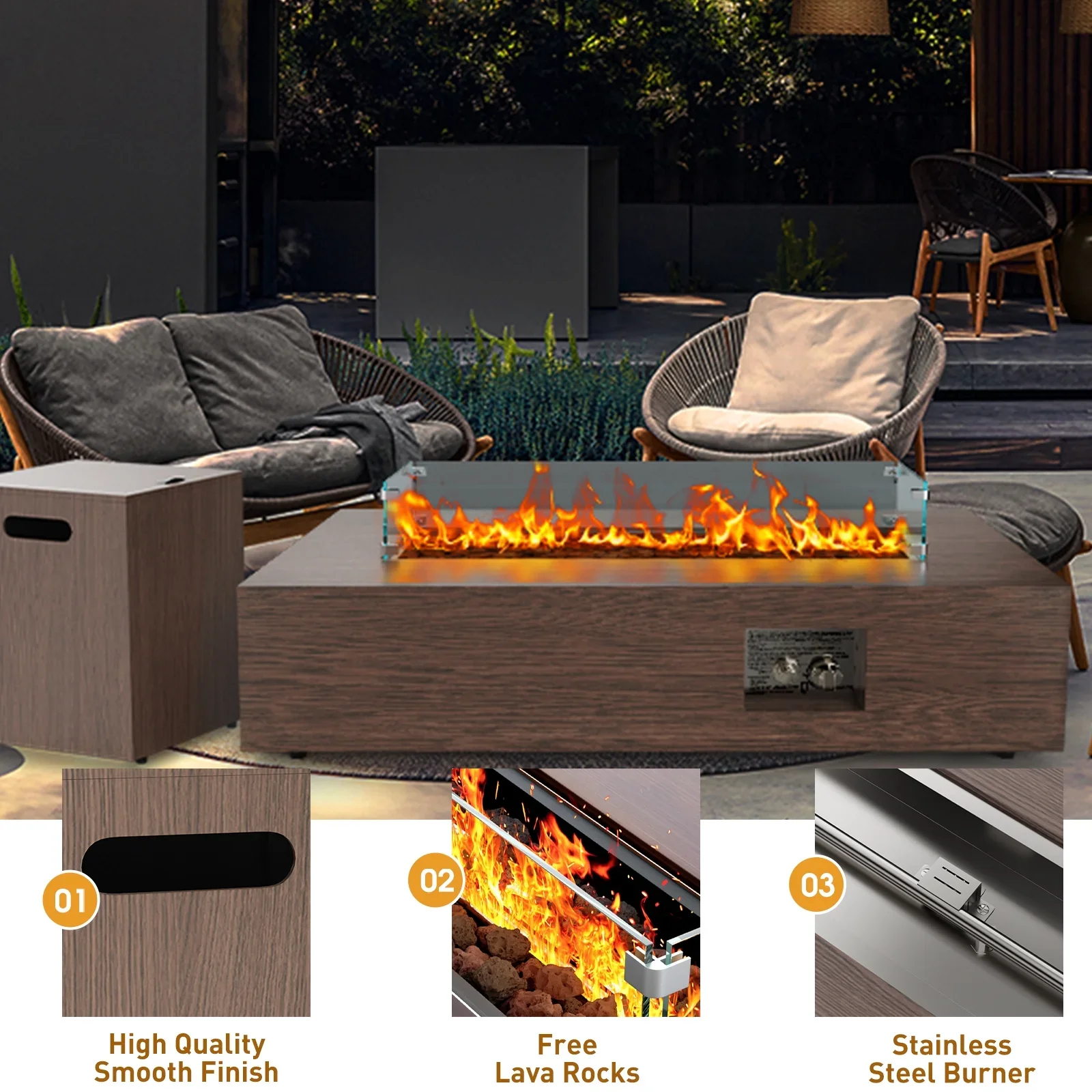 WFUN 43 Outdoor Propane Fire Pit Table with Glass Wind Guard & Cover for Garden, Pool, Backyard, CSA certification, Brown