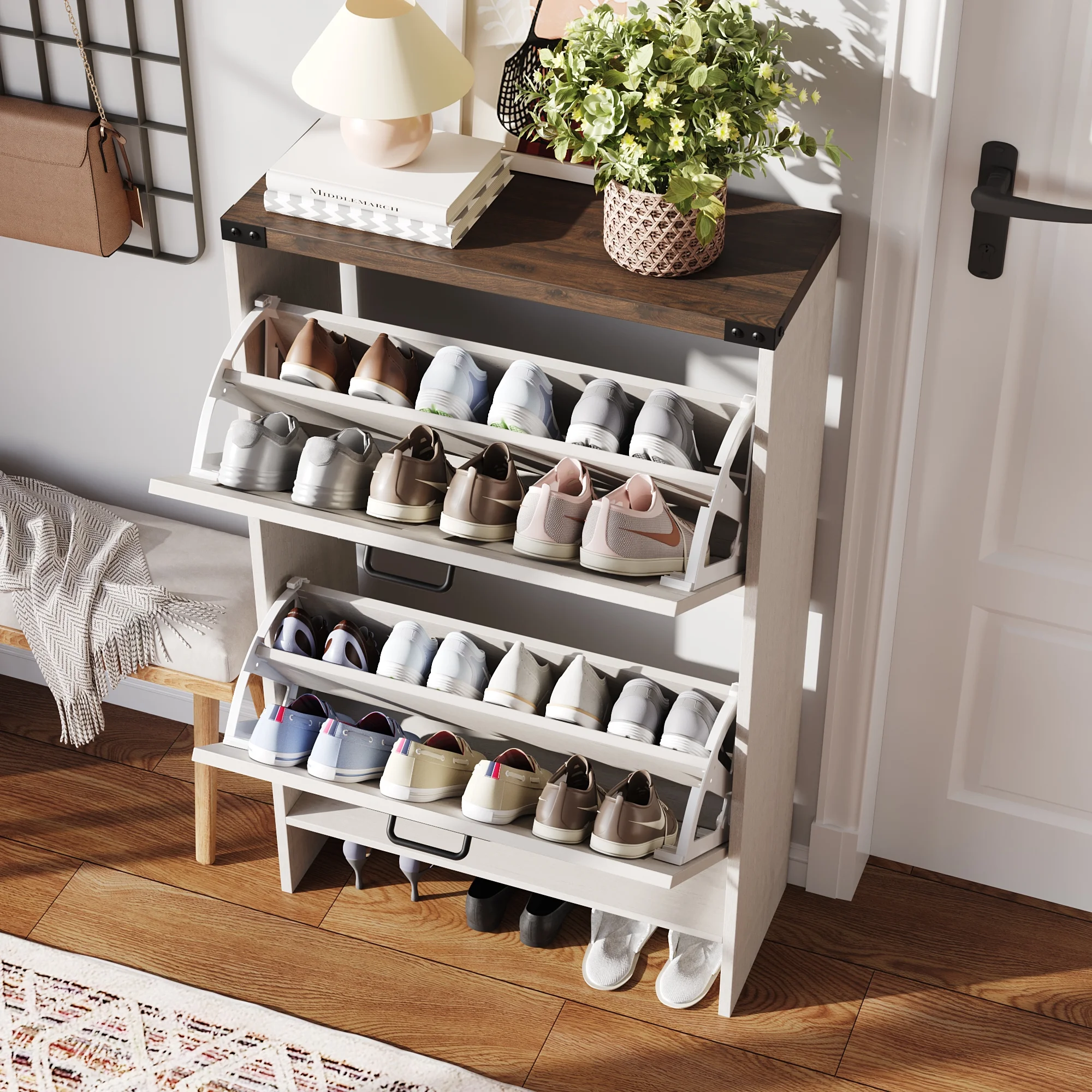 Shoes Storage Cabinet With Doors, Farmhouse Shoe Cabinet With 2 Flip Drawers For Entryway,Gray(White) - Image 9