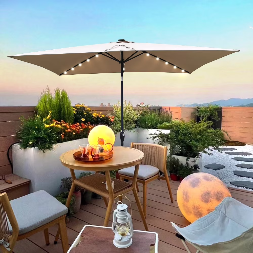 10 x 6.5t Patio Umbrella,Rectangular Picnic Table Umbrella,6-8 Chairs Tilt Umbrella with 26 LED Lights,Waterproof Umbrella Sunshade with Crank and Push Button Tilt for Garden Backyard Pool,Mushroom
