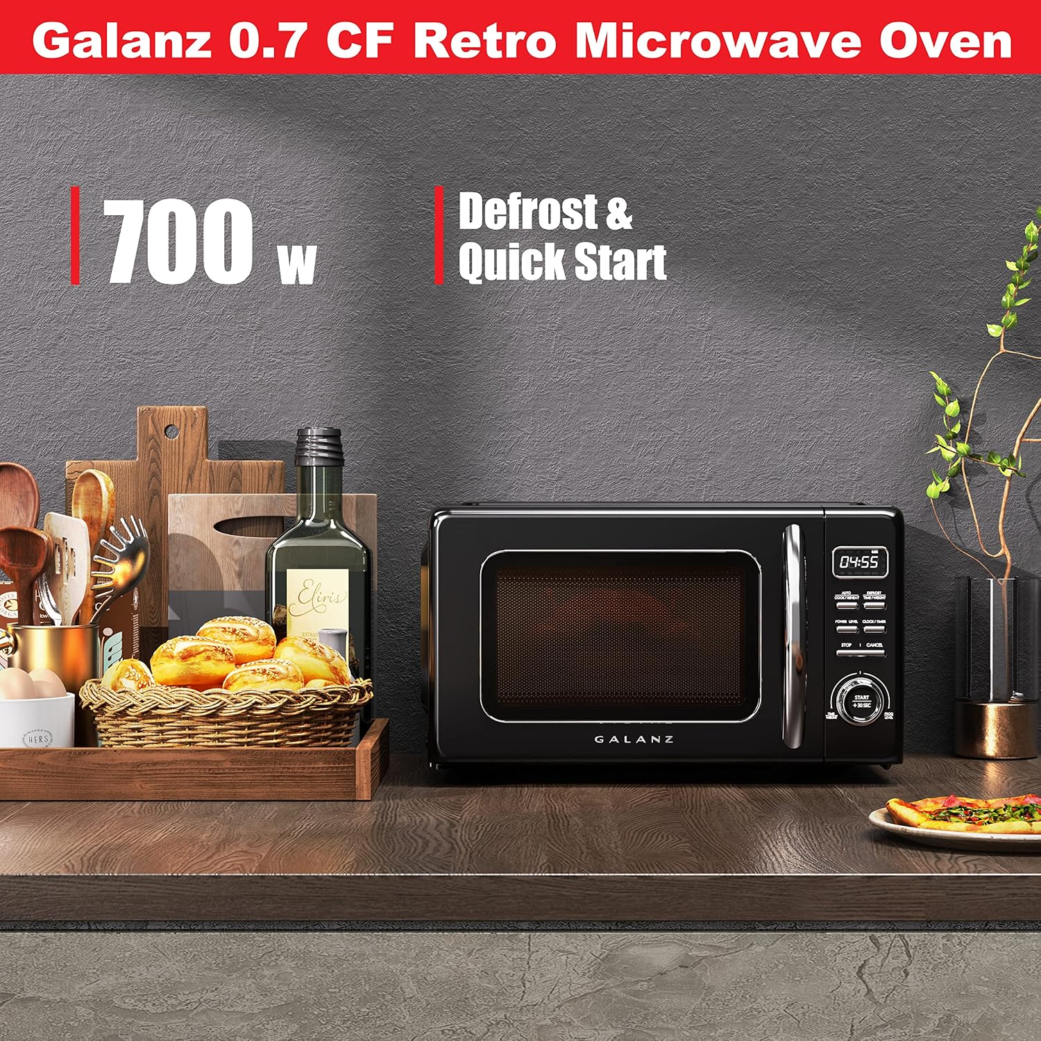Galanz GLCMKZ07BKR07 Retro Countertop Microwave Oven with Auto Cook & Reheat, Defrost, Quick Start Functions, Easy Clean with Glass Turntable, Pull Handle. 7 cu ft, Black