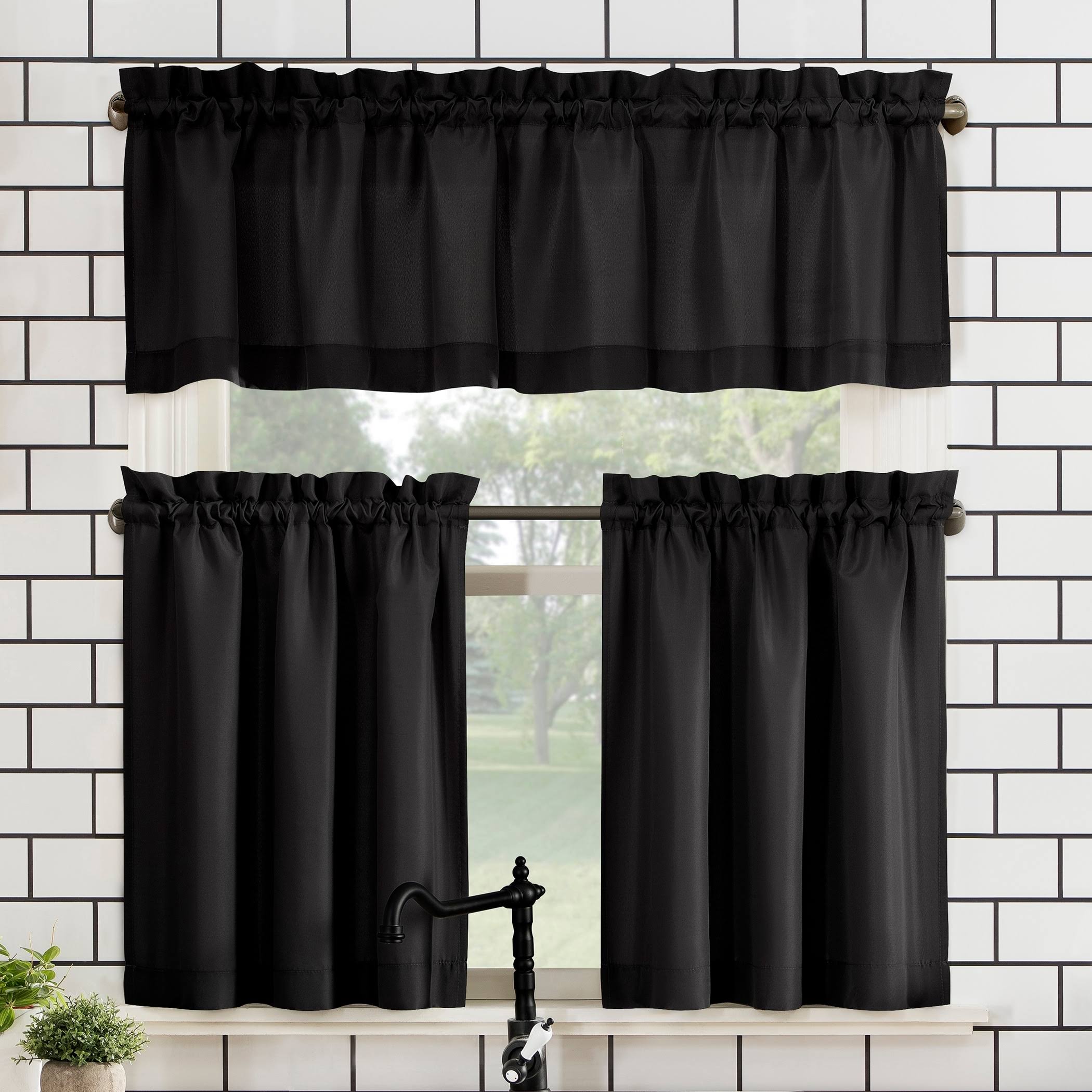 No. 918 Martine Microfiber Semi-Sheer Rod Pocket Kitchen Curtain Valance and Tiers Set - Black - 54