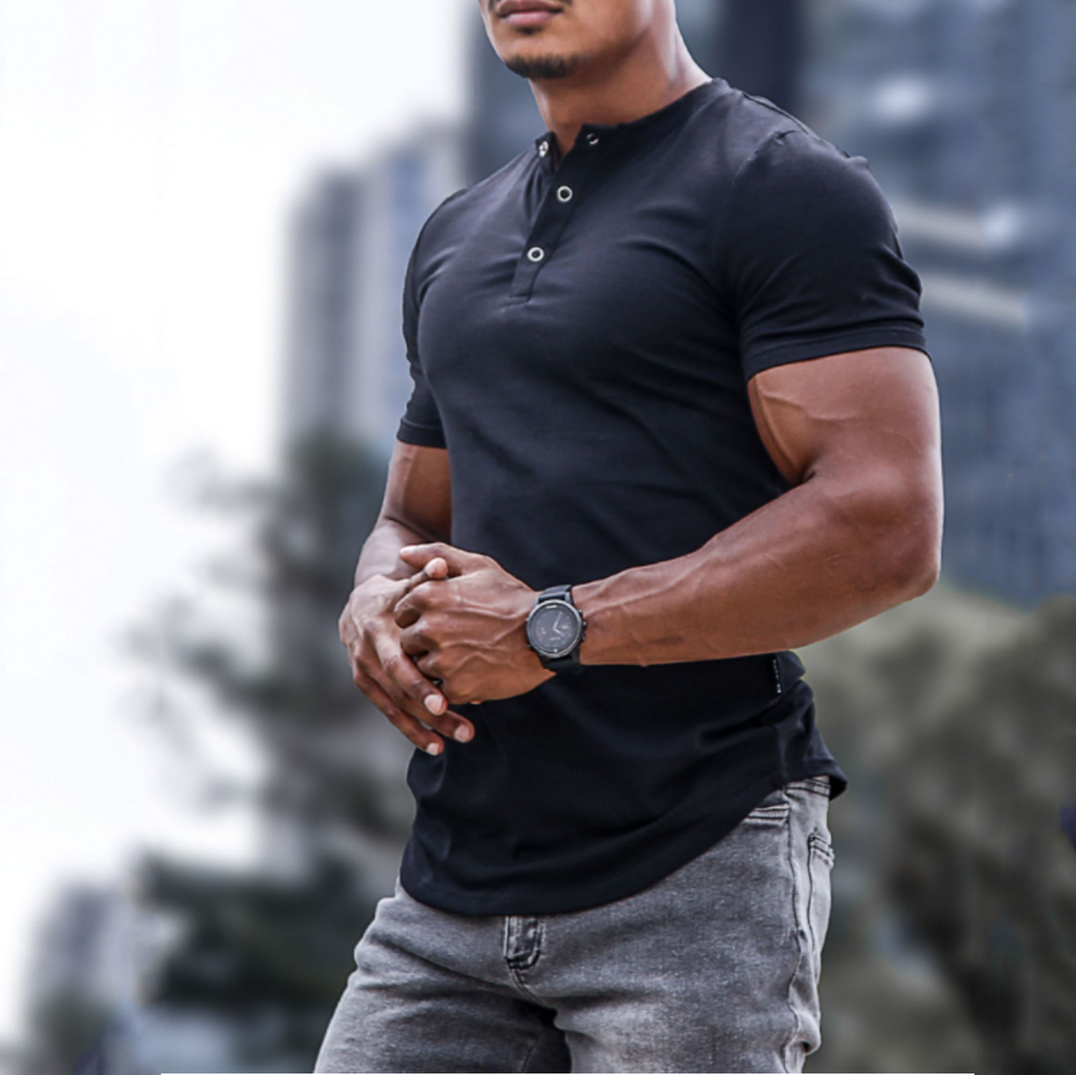 T-shirt Henley stretch slim pour homme, printemps/été