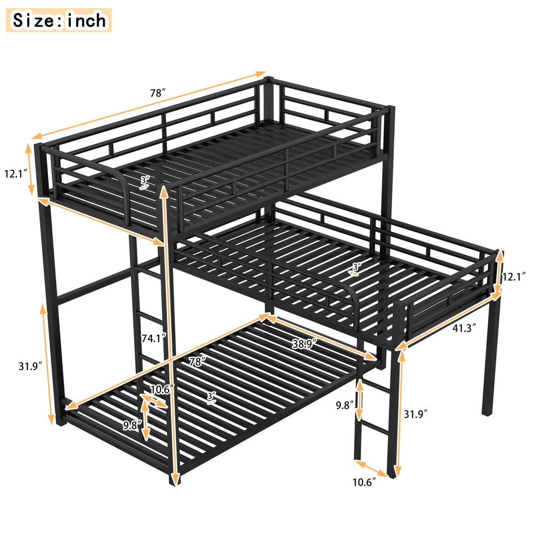 L Shaped Triple Bunk Bed for 3, Metal Triple Twin Size Bunk Beds Frame with Integrated ladder and Full-length Guardrails, Corner Triple Bunk Beds for Kids,Teens and Adults, Black - Image 8