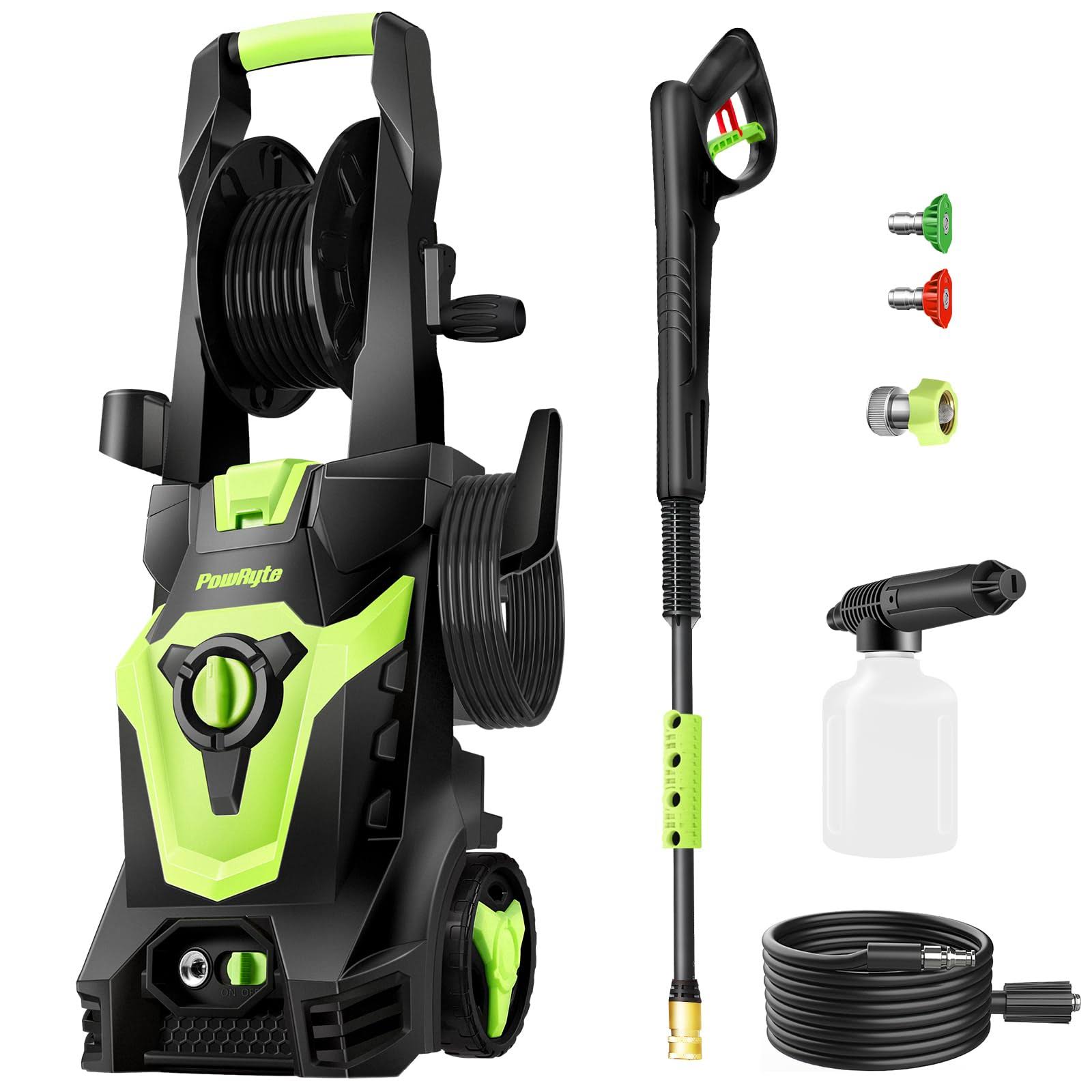 Powryte Electric Pressure Washer with Hose Reel, Foam Cannon, 2 Different Pressure Tips, Power Washer, 3500 PSI 2.4 GPM