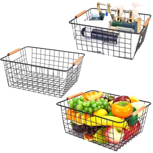 Lelecat Wire Baskets With Wooden Handles, Wire Storage Organizer Baskets, Household Refrigerator For Cabinets, Pantry, Closets, Bedrooms - Set