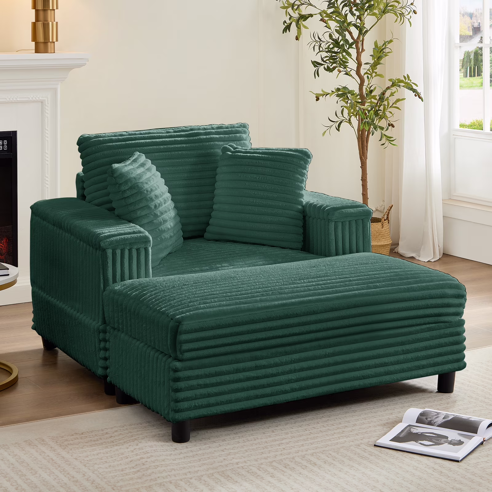 44" Modern Corduroy Accent Armchair with Storage Ottoman for Living Room, Black(Black) - Image 3