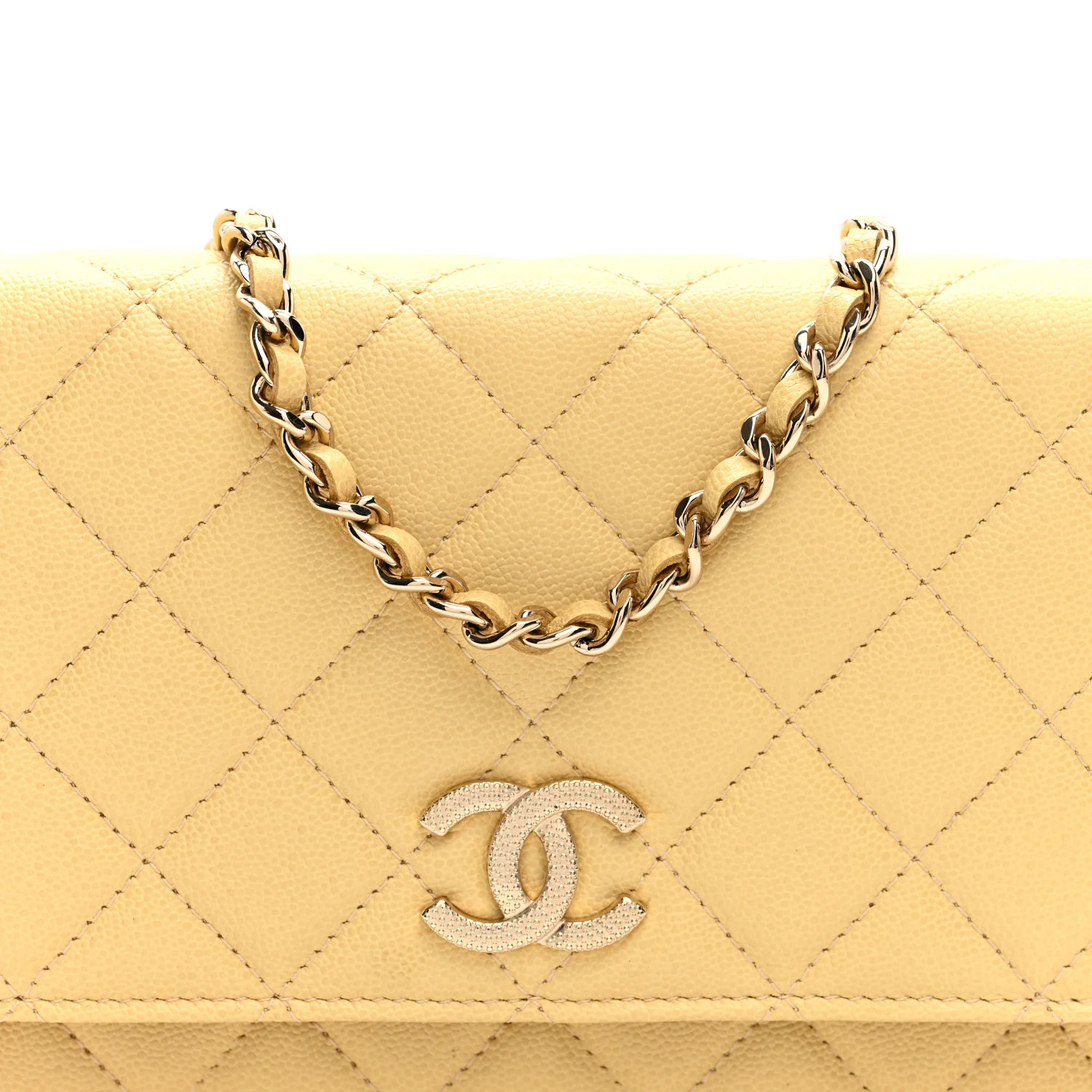 Caviar Quilted Studded CC Wallet on Chain WOC Yellow