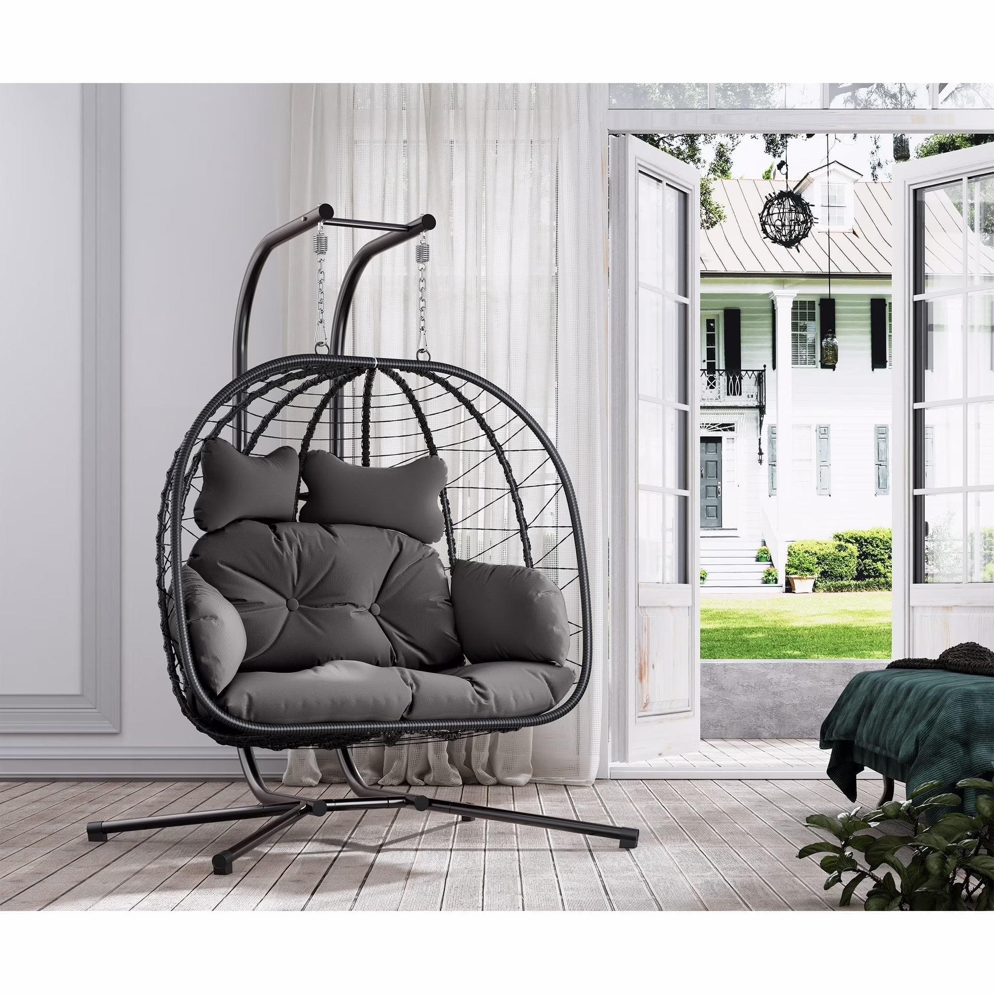 Double Wicker Swing Egg Chair Hammock Foldable Hanging Loveseat with Stand, UV Resistant Removable Cushions, 700LBS Capacity for Bedroom, Balcony (Black and Beige)(Black and Beige) - Image 7
