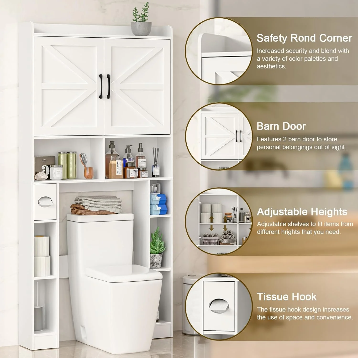 Over The Toilet Storage Cabinet with Toilet Paper Holder Stand, Above Toilet with Adjustable Shelf 2 Doors(Unique White) - Image 4