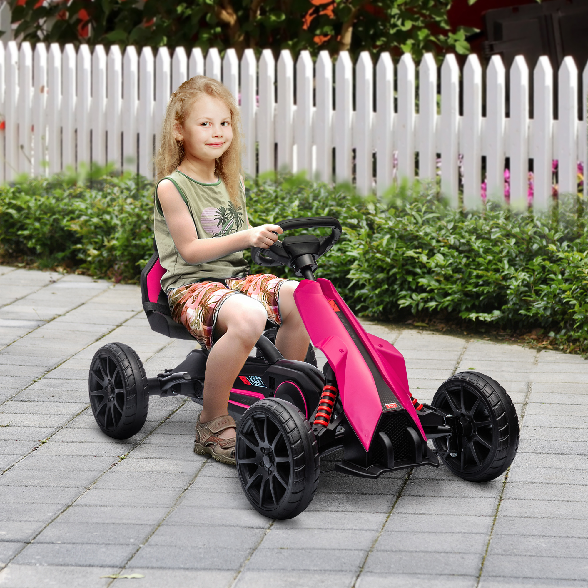 HOMCOM Go-Kart voor Kinderen met Verstelbare Stoel, Trapvoertuig, Trapauto met Handrem, 3-8 Jaar, Outdoor, Roze