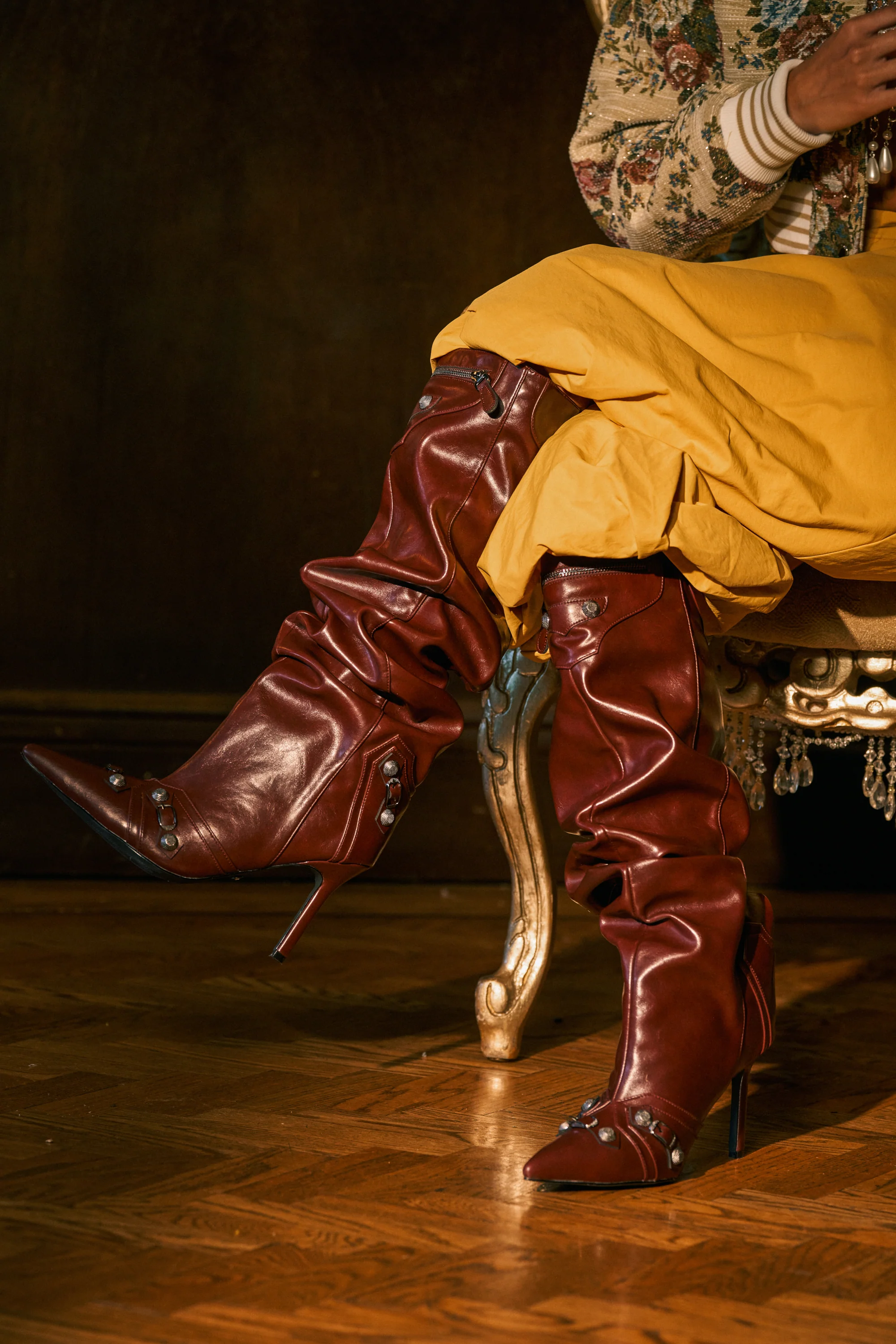 AZALEA WANG TESARA BURGUNDY RUCHED STILETTO BOOT WITH HARDWARE - Akira Store
