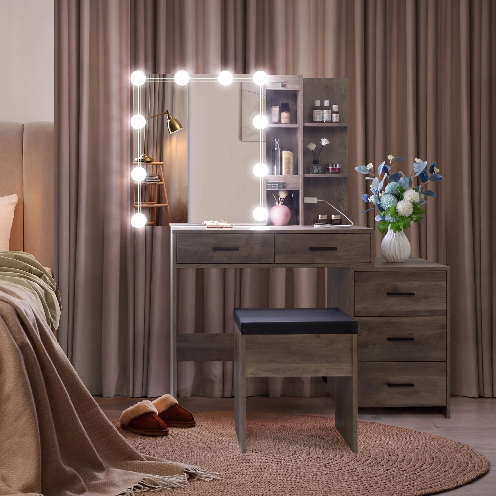 Vanity Set with 3 Color Lighted Mirror Charging Station, Makeup Table with 3 Storage Shelves Drawers, Dressing Table Makeup Desk with Stool,Retro Gray(Type1) - Image 10