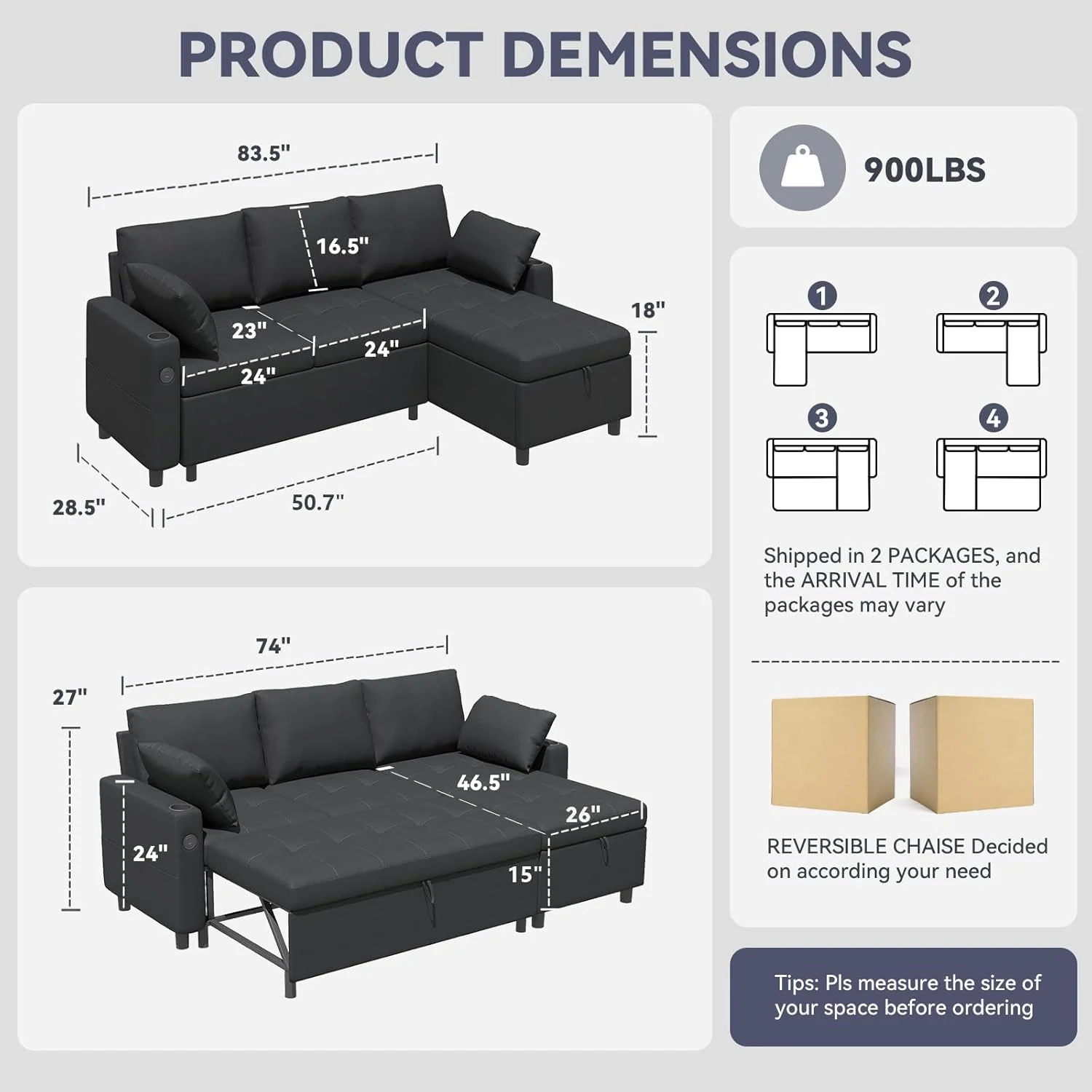 AECOJOY Sleeper Sofa Couch with Pullout Bed, Linen Fabric, Black