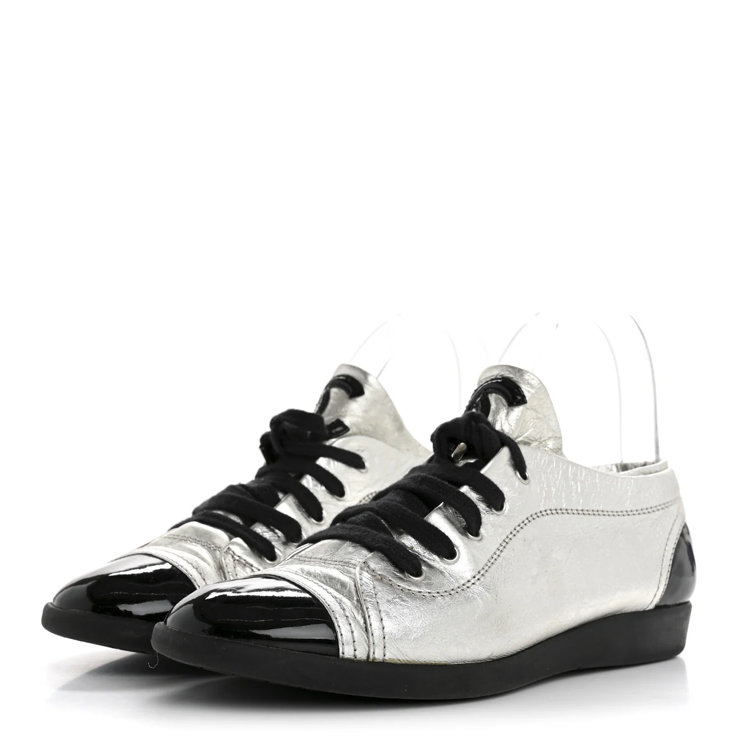 Metallic Lambskin Patent Cap Toe CC Sneakers 38.5 Silver Black
