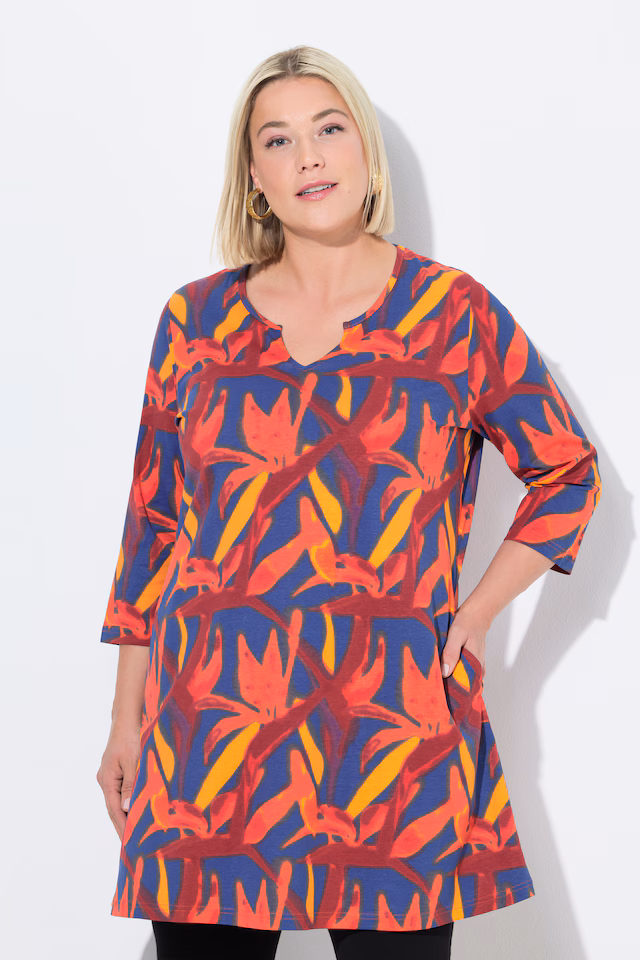 Bird of Paradise Print Notch Neck 3/4 Sleeve Tunic.