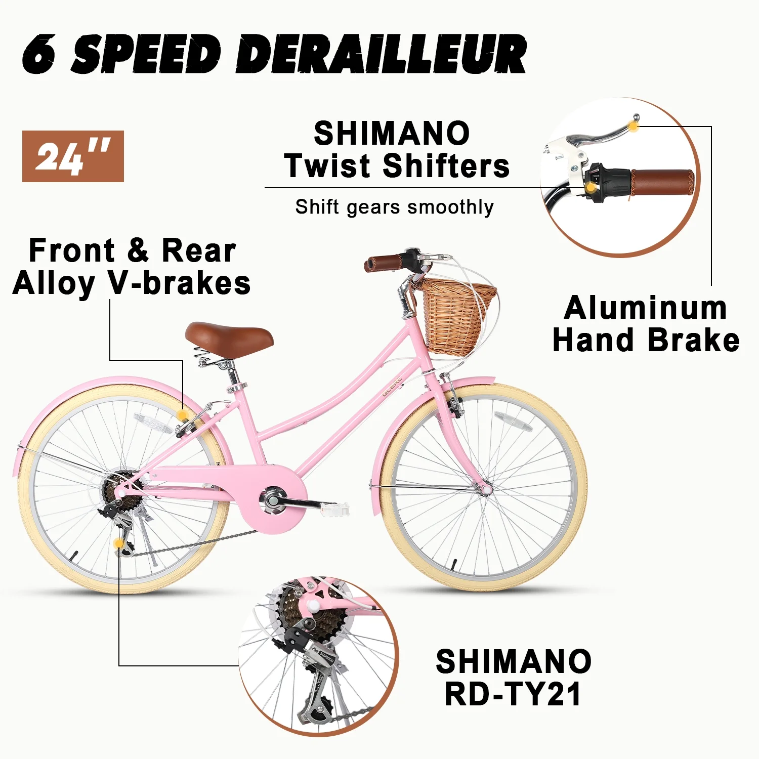 Missy 24" inch Girl Cruiser Kids Bike 6-Speed Teen Hybrid City Bicycle for Youth Ages 7 8 9 10 11 12 13 14 Years Old with Wicker Basket Lightweight, Pink(Pink/24") - Image 7