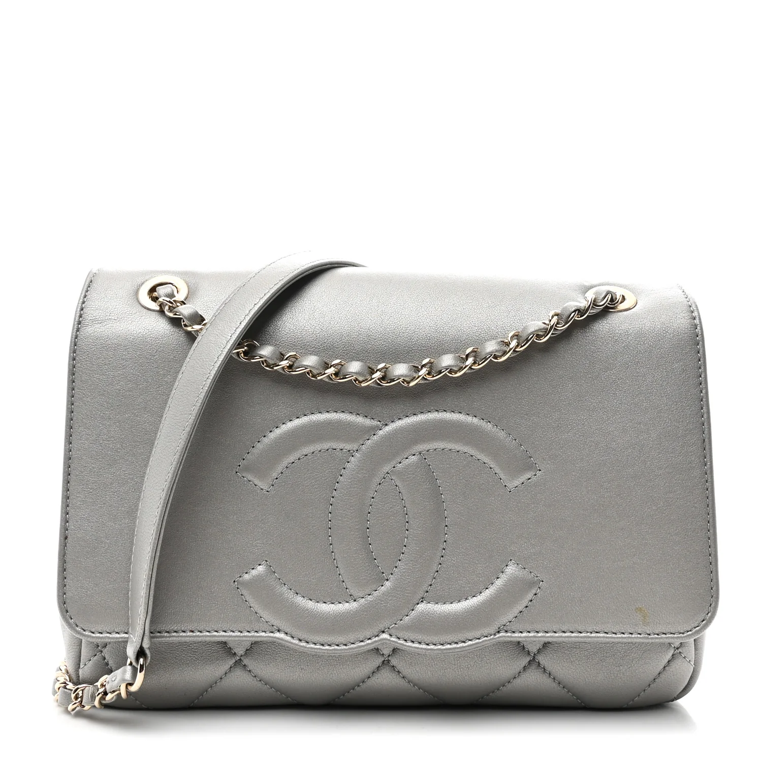 Metallic Goatskin Quilted Timeless CC Flap Silver