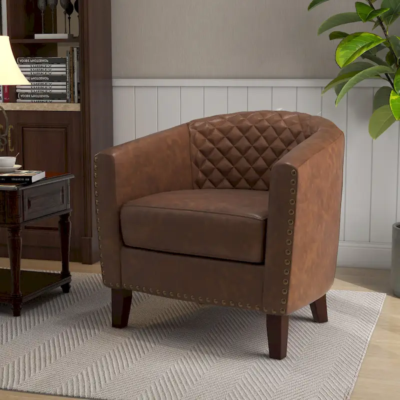 Ethan Barrel Accent Chair in PU Leather with Nailhead Detailing