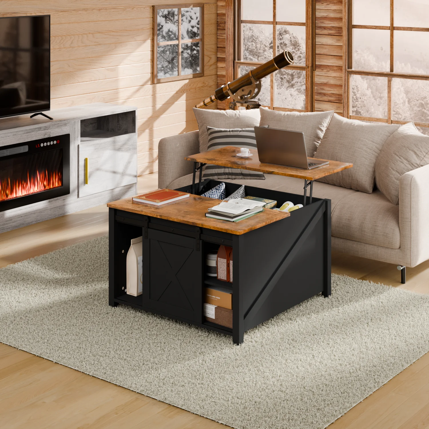 Wooden Coffee Table, Lift Top Coffee Table with Large Hidden Storage Shelf for Living Room(White) - Image 9