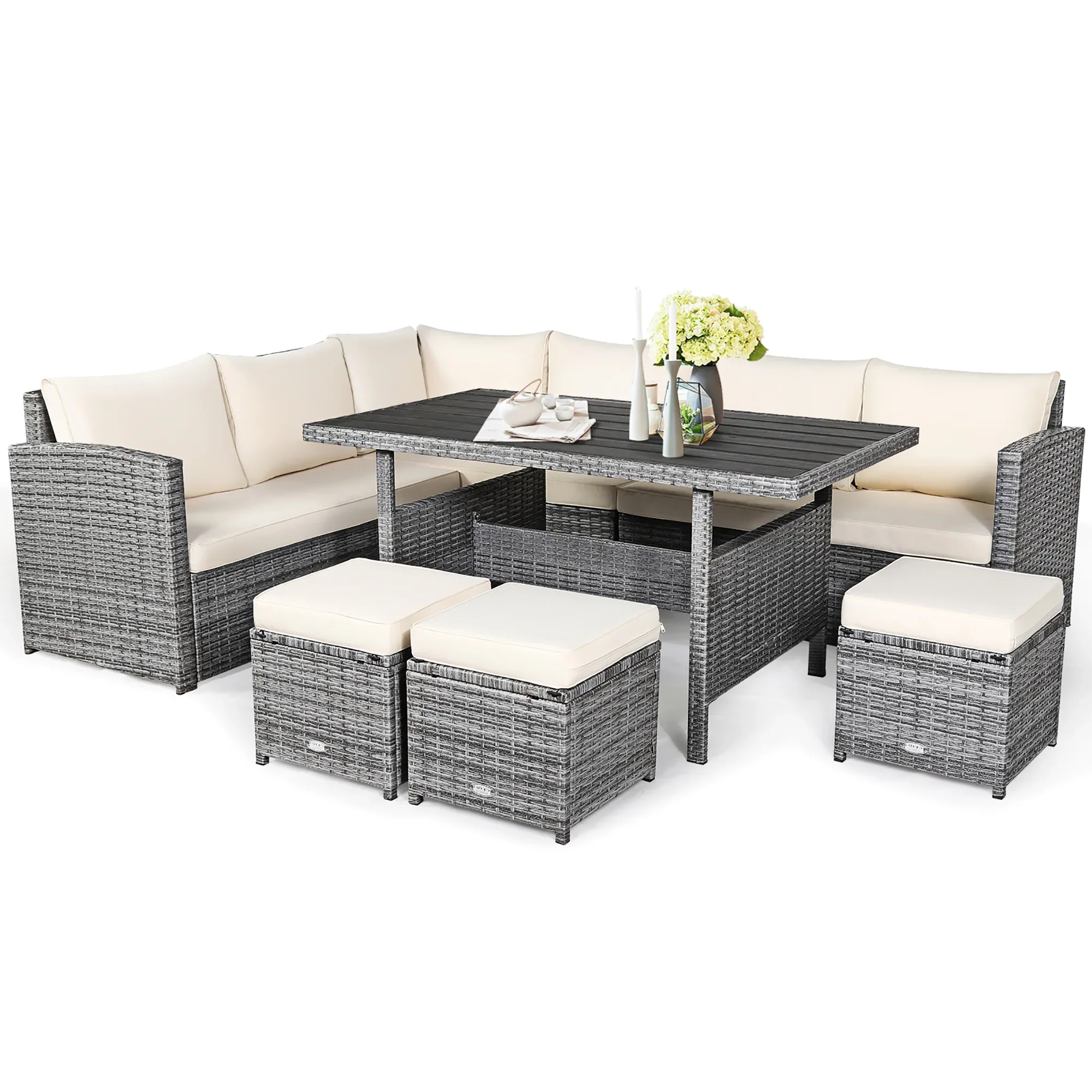 Costway 7 PCS Patio Rattan Dining Set Sectional Sofa Couch Ottoman Garden Red