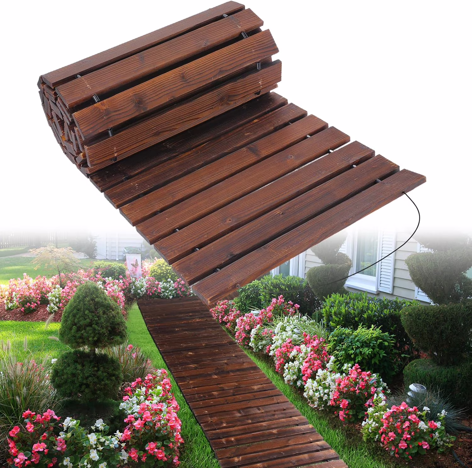 8.2 Ft Wooden Garden Pathway - Weather Resistant Carbonized Pine Roll Out Decorative Walkway, Boardwalk Pathway Pavers for Outside Stepping Stones Outdoor Patio Beach Pool Backyard, Brown