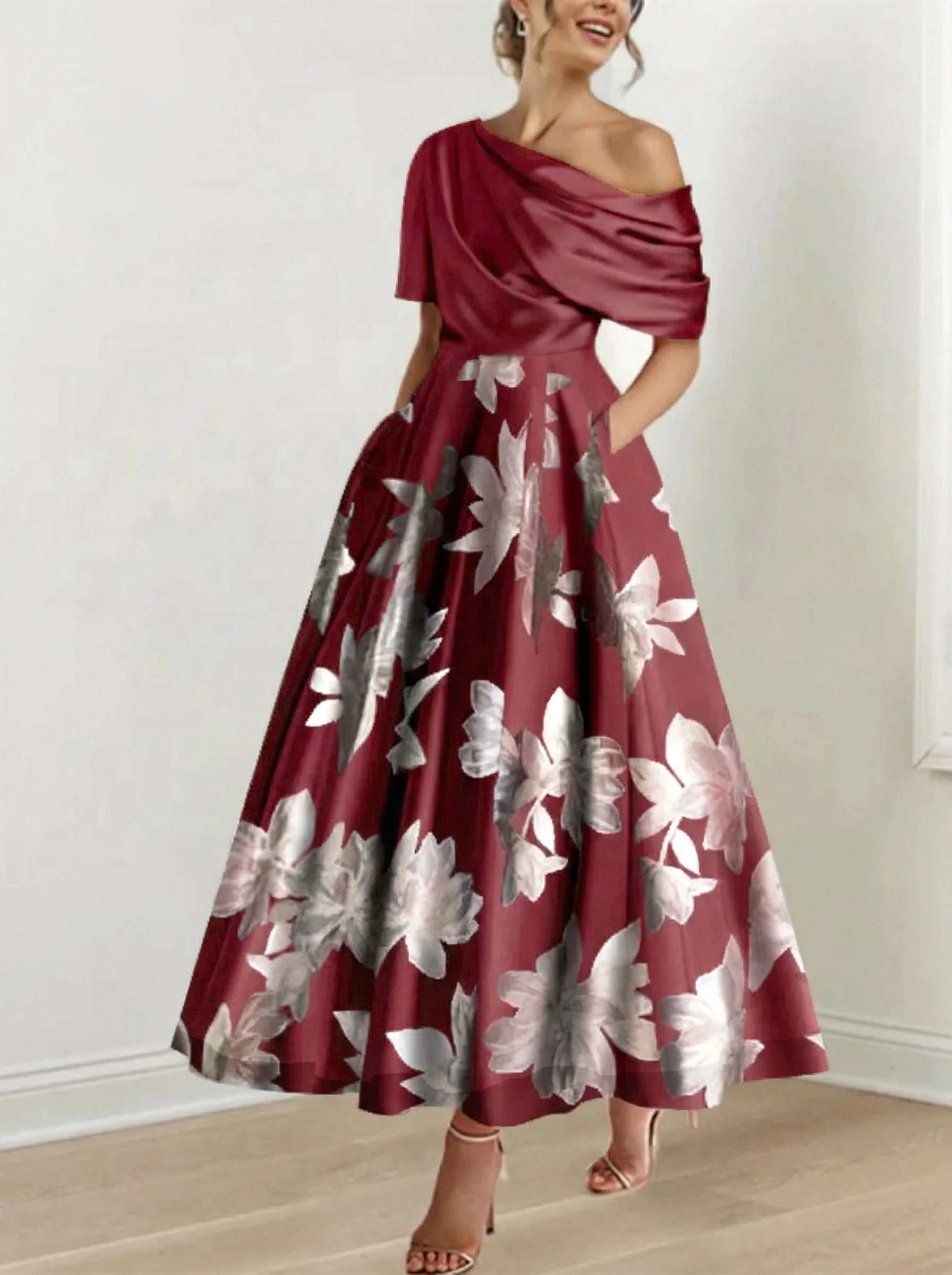 Robe de mère de la mariée à fleurs imprimées asymétrique en ligne A