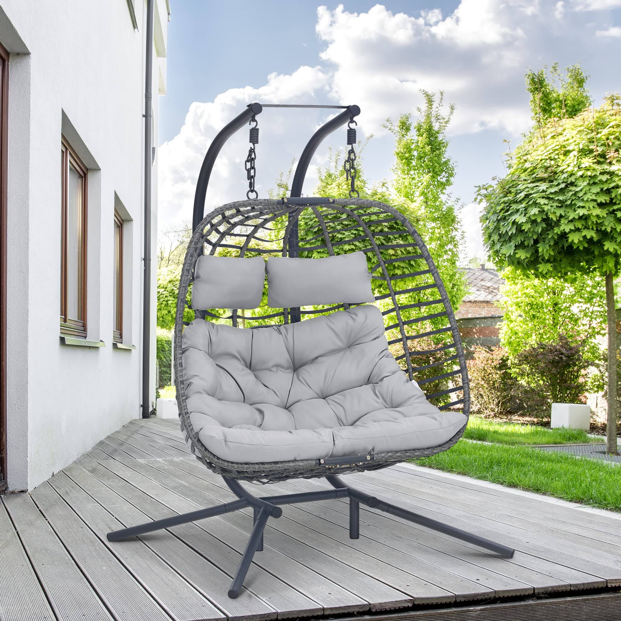 Brafab Double Swing Egg Chair with Stand, Large Hand-Woven Wicker Rattan Hanging Chair for 2 People, Porch Loveseat with Thick Cushion and Sturdy