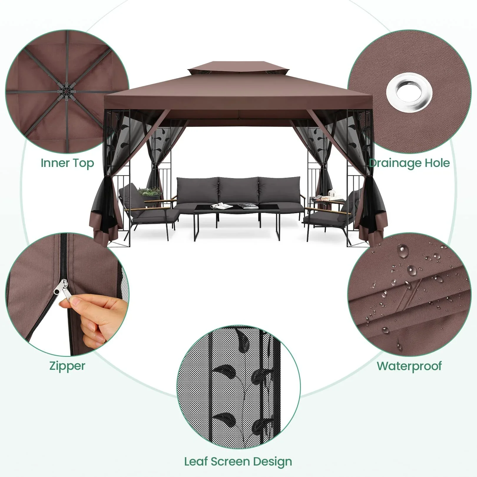 COBIZI 10' x 13' Pop Up Gazebo, Outdoor Steel Double Roof Canopy, Metal Frame Pavilion with Mosquito Netting, Sunshade for Backyard, Garden, Patio and Lawns, Brown
