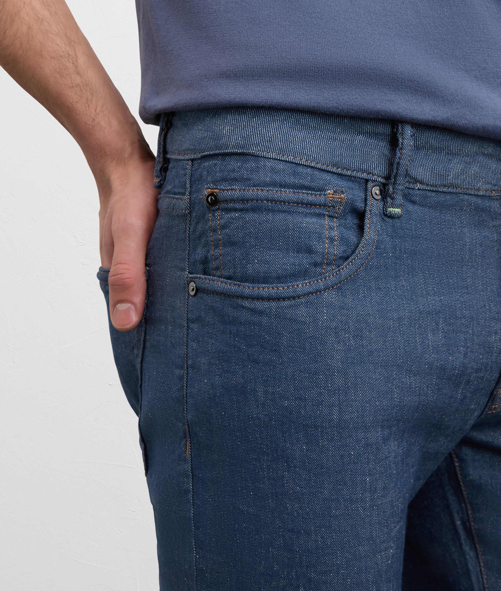 BLUE COTTON LINEN AND ELASTANE DENIM WITH LEATHER LOGO EMBOSSED ON BACK
