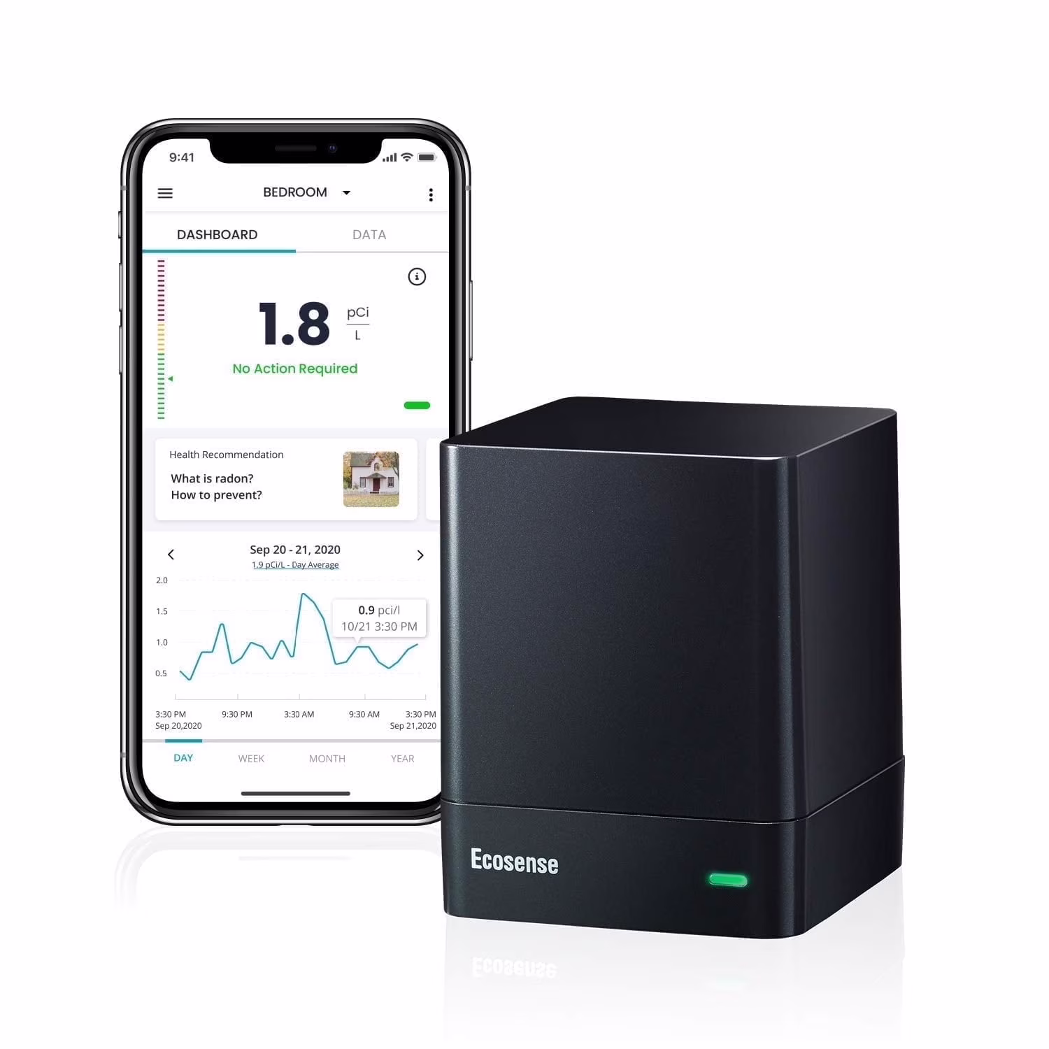 EQ100 EcoQube, Digital Radon Detector, Accurate and Fast capture of Fluctuating Radon Levels, Trend charts, Remote data access. Supports 2.4 GHz networks only, Now Works with IFTTT