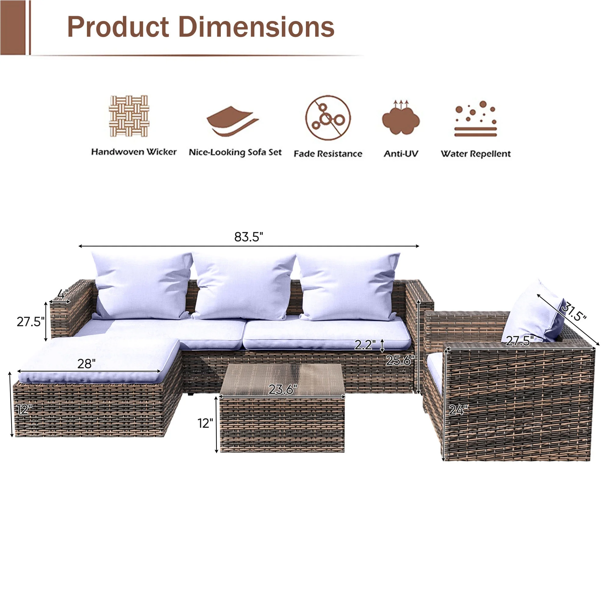Rattan Patio Sofa Set, 4 Pieces Outdoor Sectional Furniture Set, All-Weather PE Rattan Wicker Patio Conversation Set, Cushioned Sofa Set with Glass Table for Patio Garden Poolside Deck(Brown) - Image 6