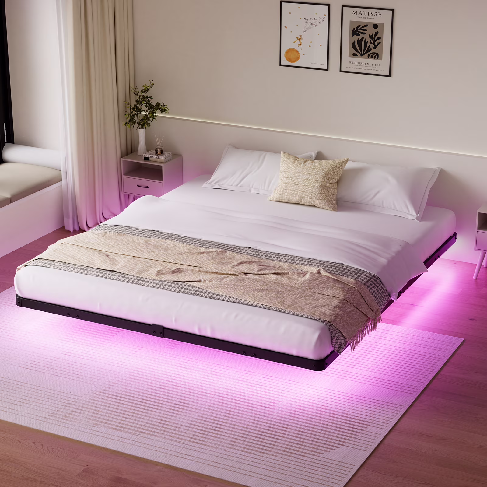 King Size Floating Bed Frame with LED Lights Bed Storage Metal Platform Bed Frames with Steel Slat Support Anti-Slip Easy Assembly, Black(King) - Image 3