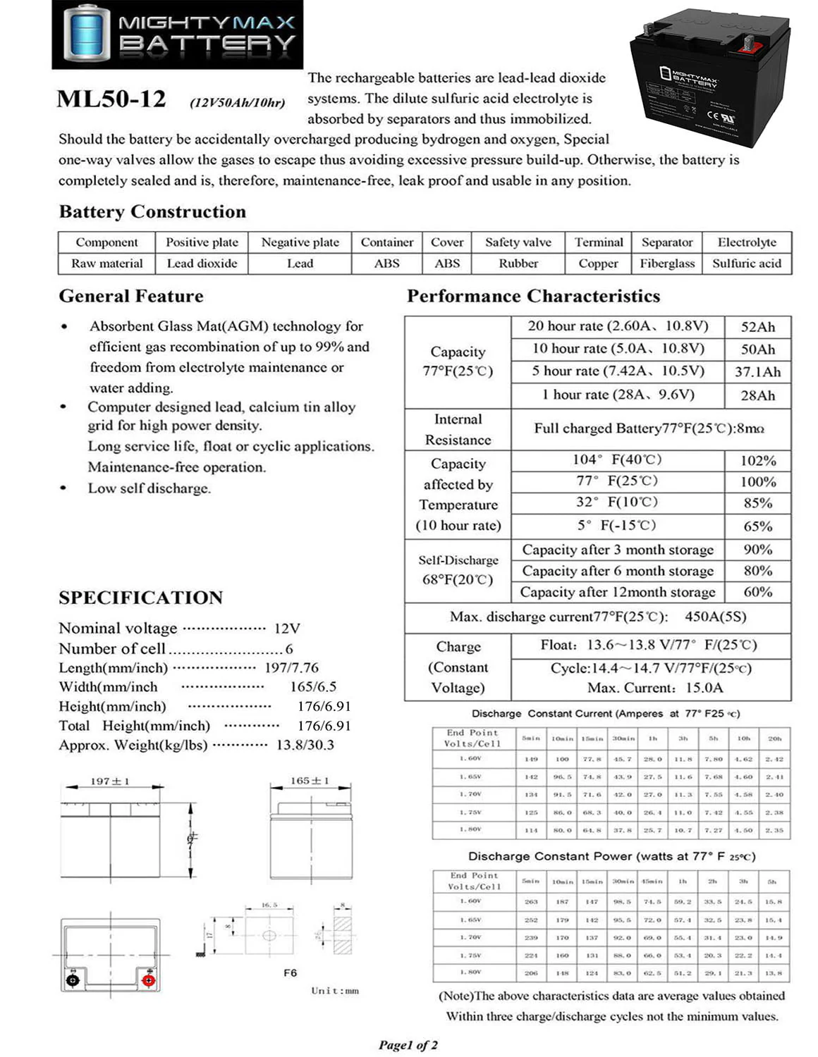 ML50-12 -12 Volt 50 AH, Nut and Bolt (NB) Terminal, Rechargeable SLA AGM Battery - Image 5