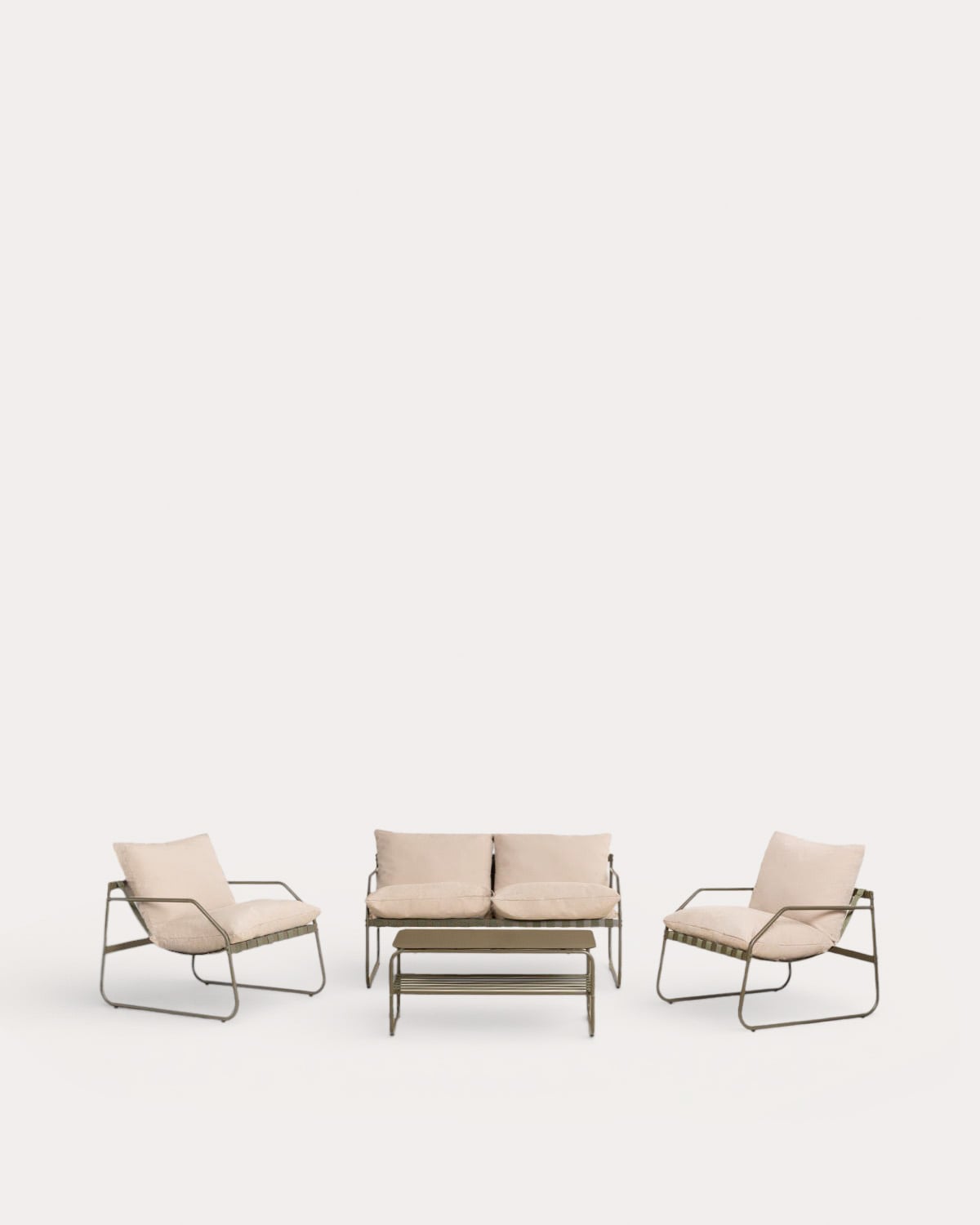 Ohiane - Set de Jardín con Sofá 2 Plazas, 2 Sillones y Mesa de Centro de Metal y Tela Ohiane