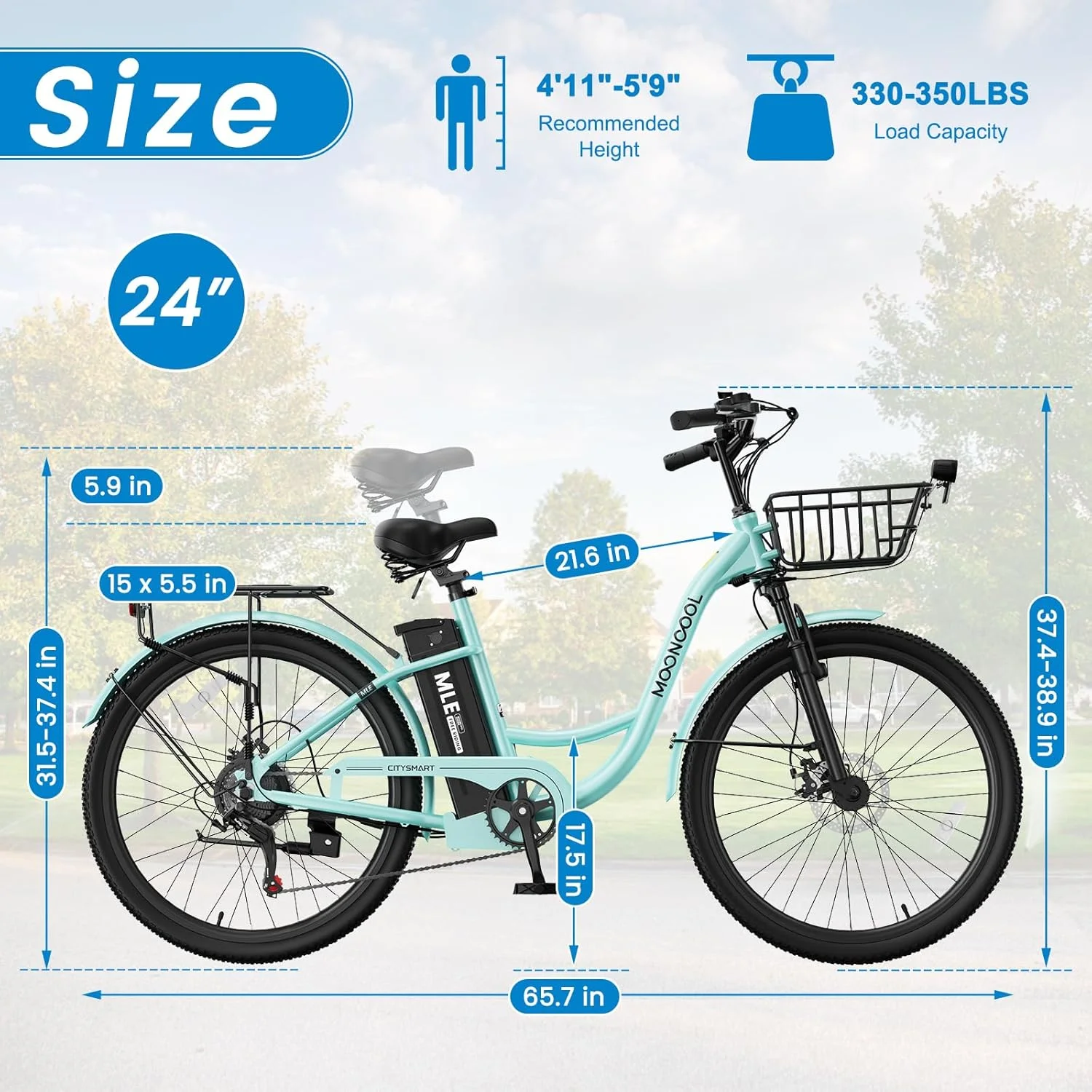 Electric Bicycle for Adults 350W, 7-Speed Ebike with 36V 10.4Ah Removable Battery�� 40 Miles Range, 20 mph Electric Commuter Bike for Women Men, Certified to UL 2849 by SGS(Cyan/24") - Image 4