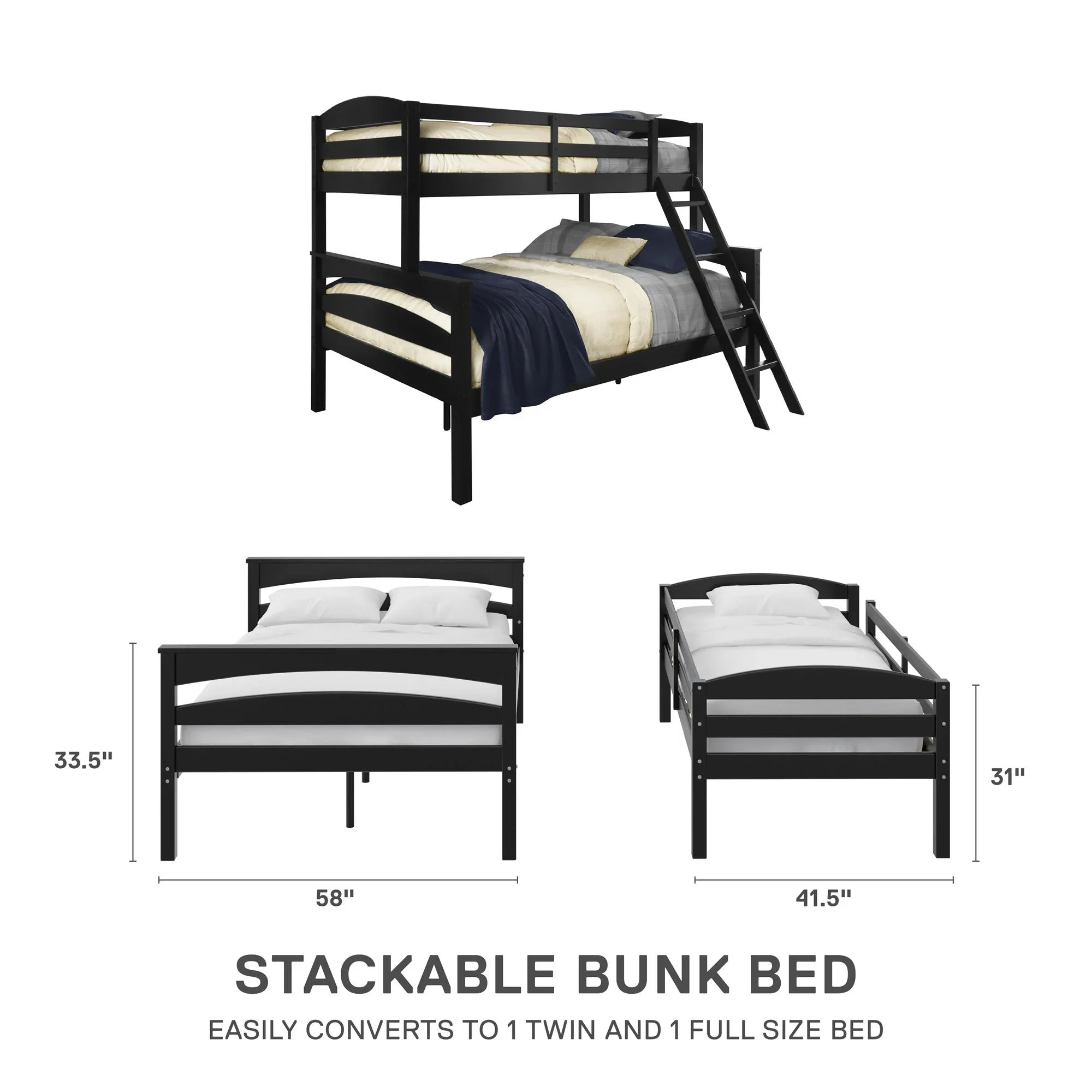 Better Homes & Gardens Leighton Kids' Convertible Twin-Over-Full Bunk Bed, Gray